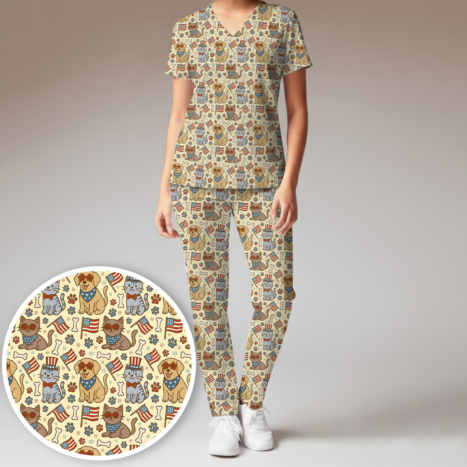American Flag Patriotic Cat & Dog Pattern Scrub Set, Scrub Pants and V Neck Top