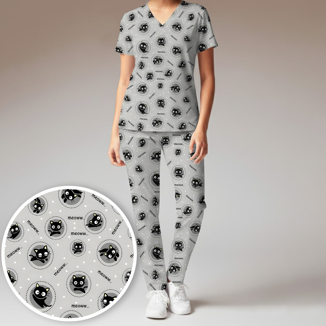 Funny Black Cat Meow Pattern Scrub Set, Scrub Pants and V Neck Top