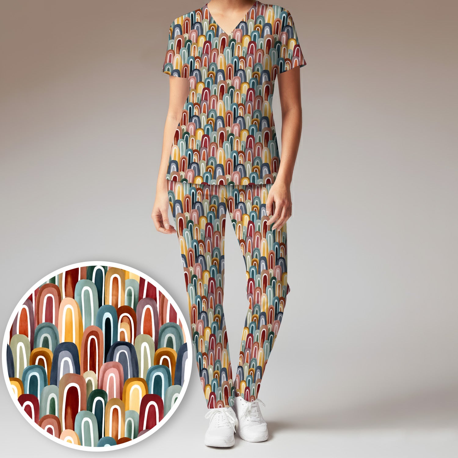 Retro Boho Rainbow Arch Pattern Scrub Set, Scrub Pants and V Neck Top