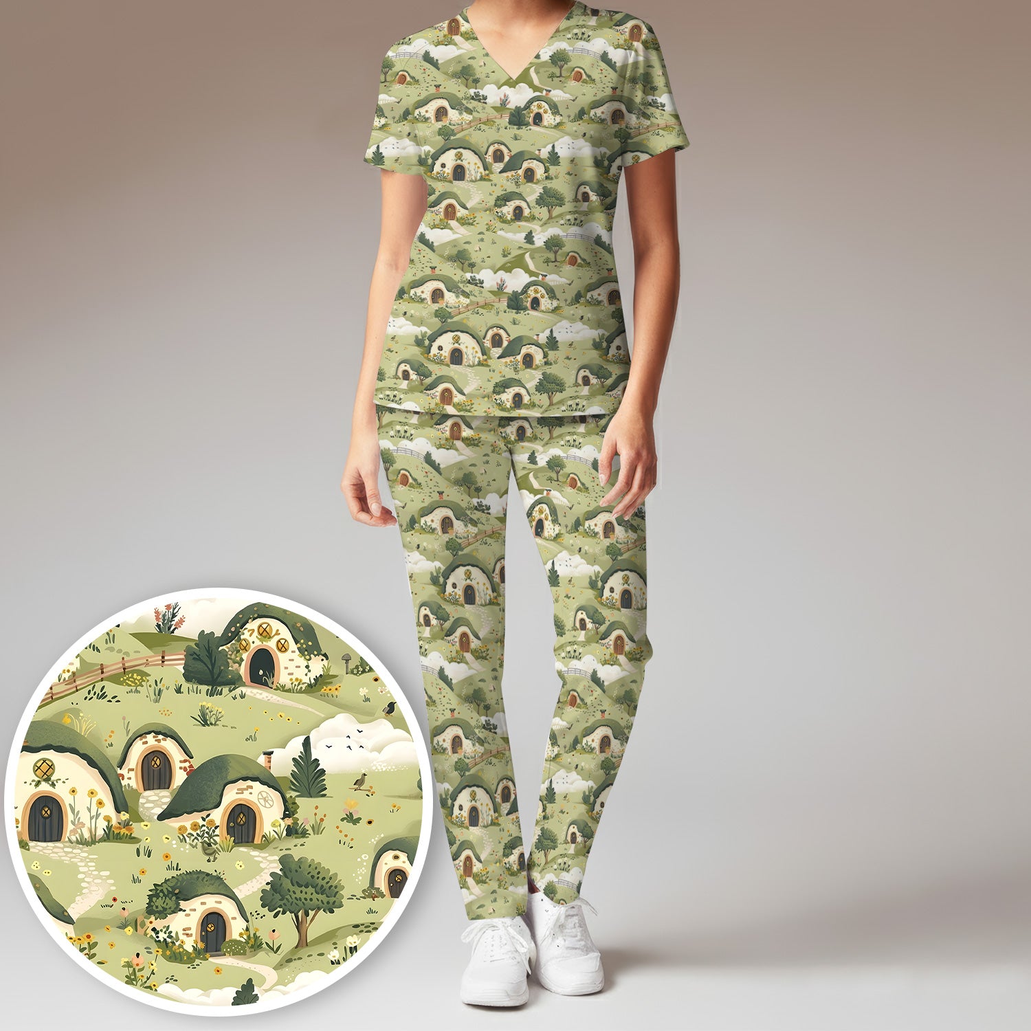 Cozy Hobbit Village Landscape Pattern Scrub Set, Scrub Pants and V Neck Top