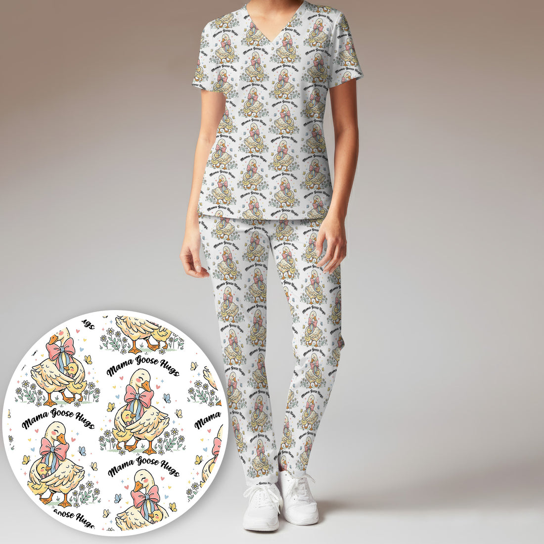 Cute Mama Goose Hug Pattern Scrub Set, Scrub Pants and V Neck Top
