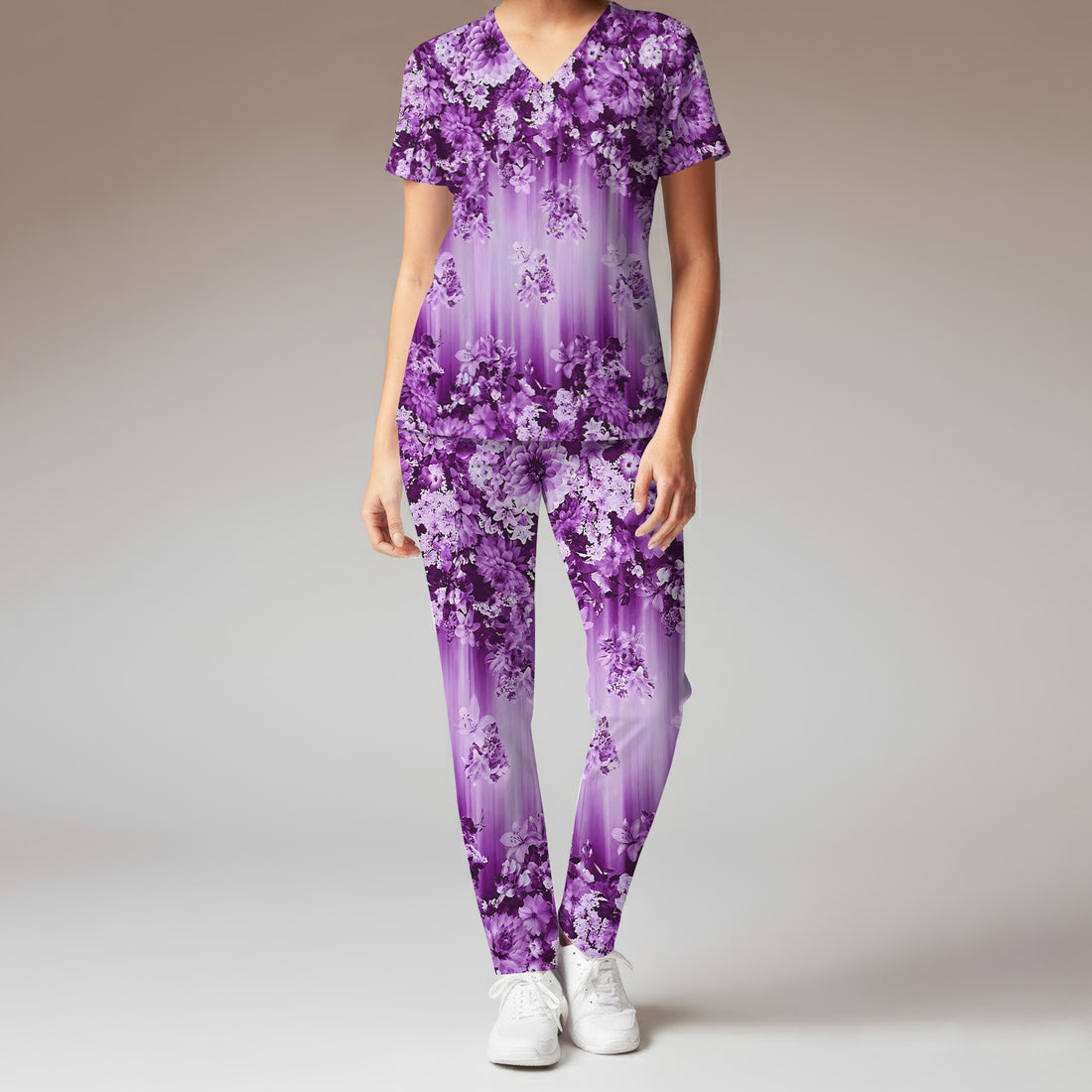 Purple Blossom Garden Pattern Scrub Set, Scrub Pants and V Neck Top