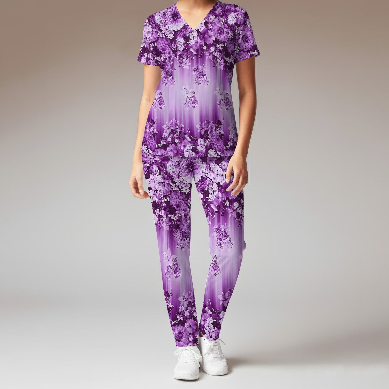 Purple Blossom Garden Pattern Scrub Set, Scrub Pants and V Neck Top