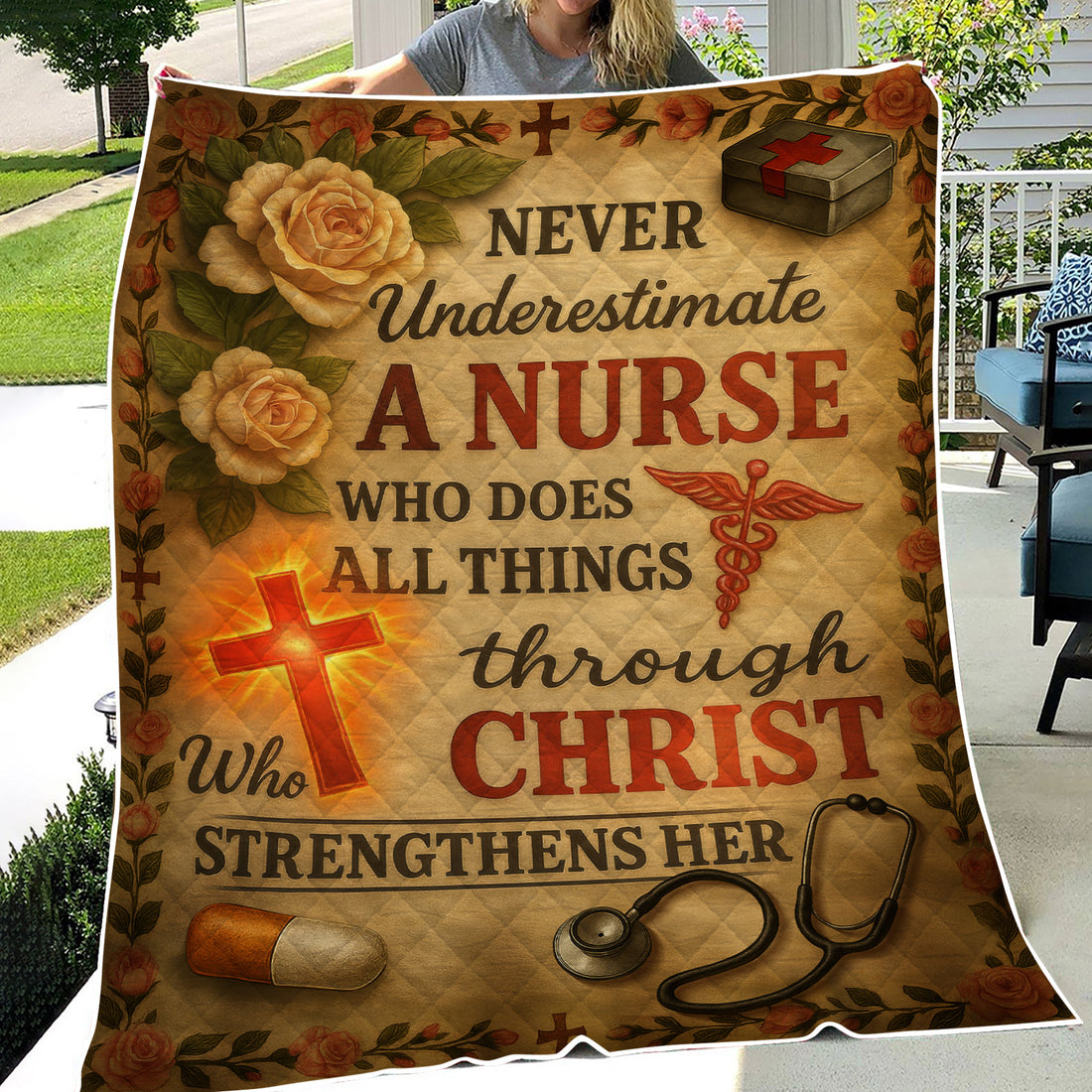 Christian Nurse Blanket - 'Through Christ Who Strengthens Her' Quote with Floral & Medical Design - Gift for RN, CNA, LPN