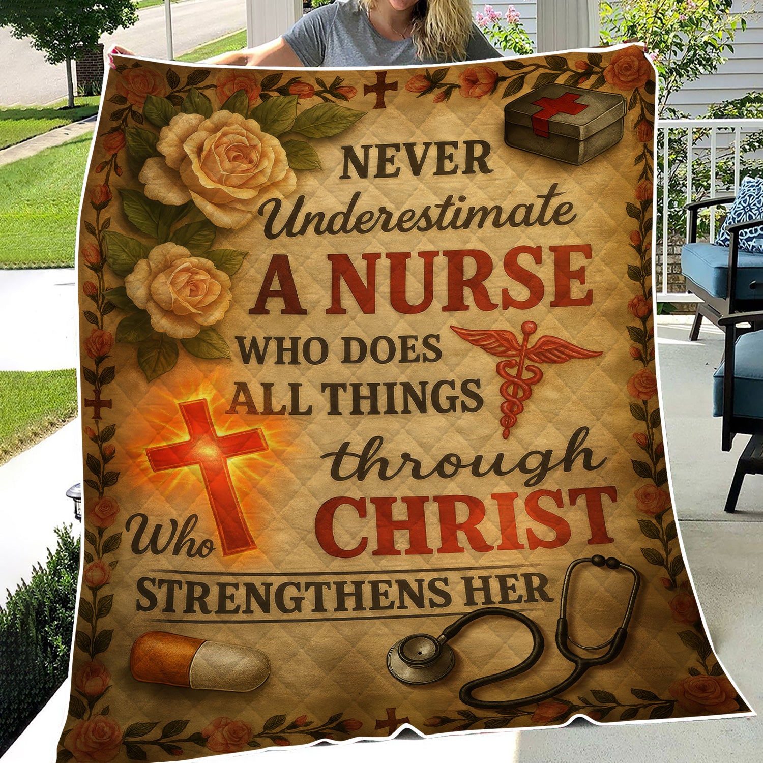 Christian Nurse Blanket - 'Through Christ Who Strengthens Her' Quote with Floral & Medical Design - Gift for RN, CNA, LPN