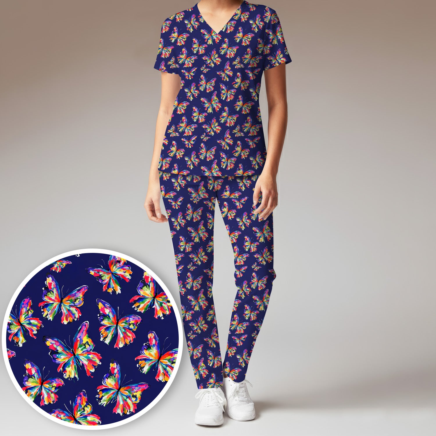 Vibrant Rainbow Butterfly Pattern Scrub Set, Scrub Pants and V Neck Top
