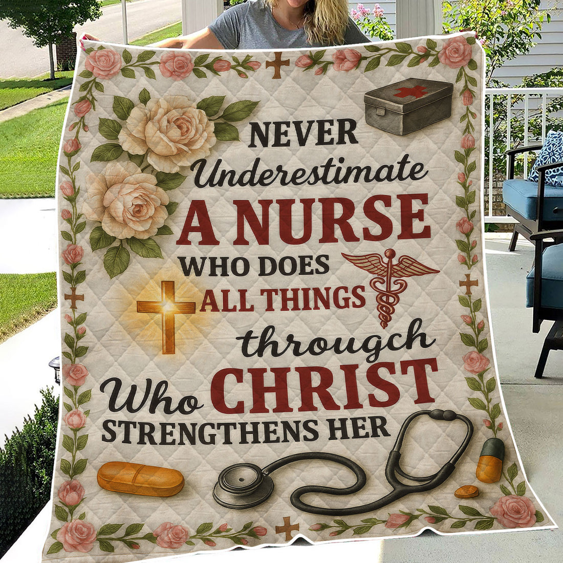 Faith-Based Nurse Blanket - Never Underestimate a Nurse Through Christ Design - Religious Gift for RN CNA LPN Women Healthcare Workers