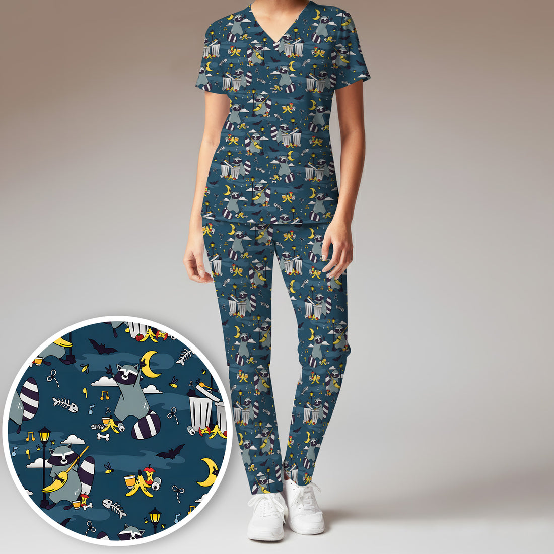 Raccoon Night Trash And Banana Peel Scrub Set, Scrub Pants and V Neck Top