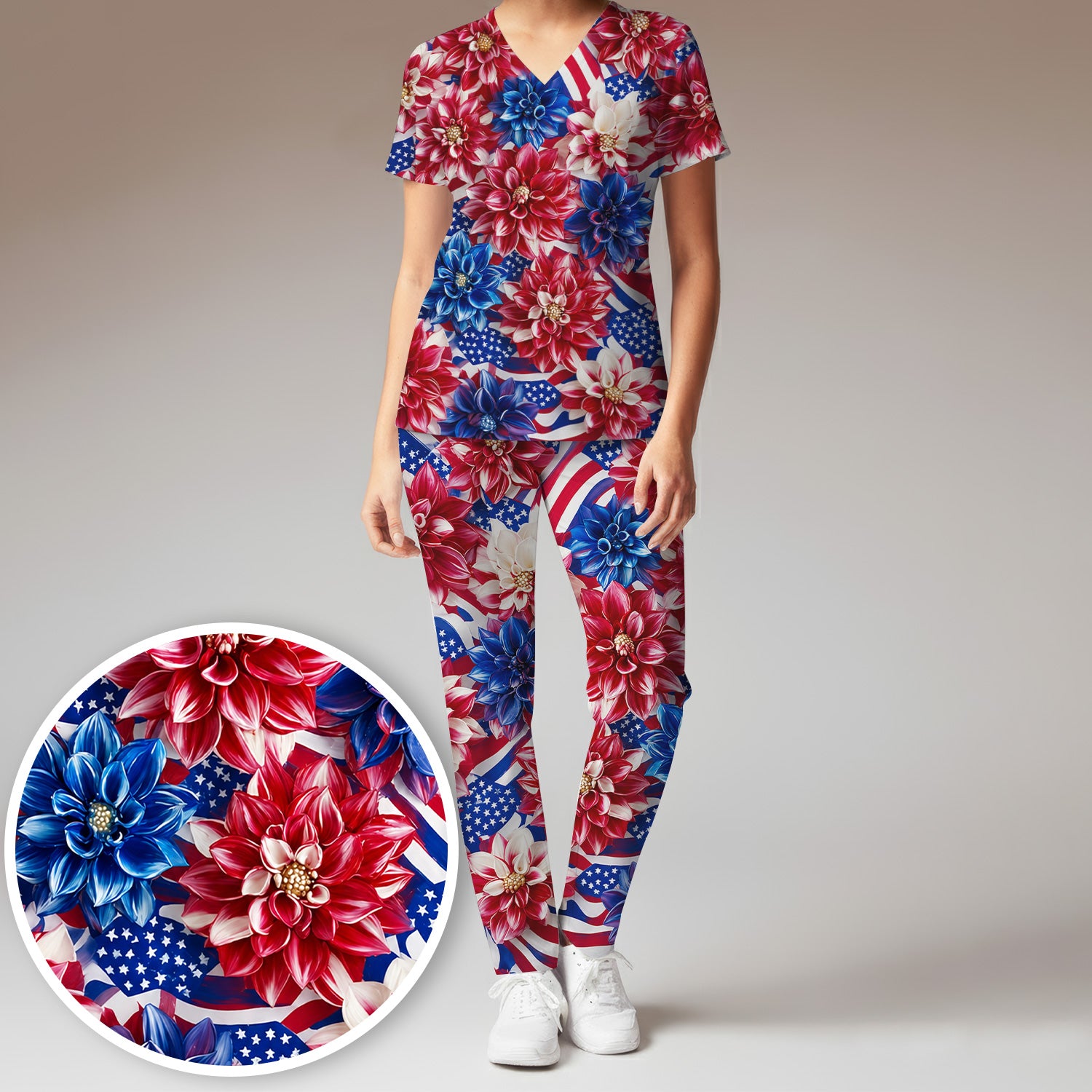 Festive Patriotic Floral Flag Pattern Scrub Set, Scrub Pants and V Neck Top