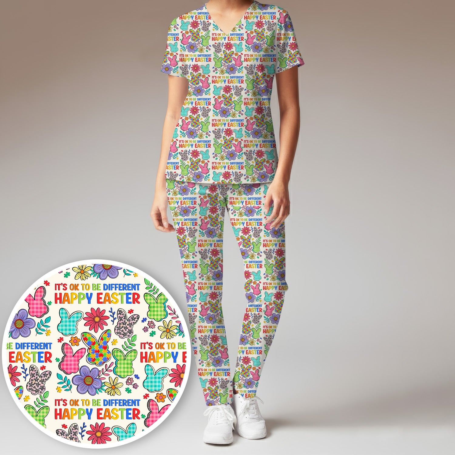 Happy Easter Bunny Floral Print Scrub Set, Breathable Med Uniform