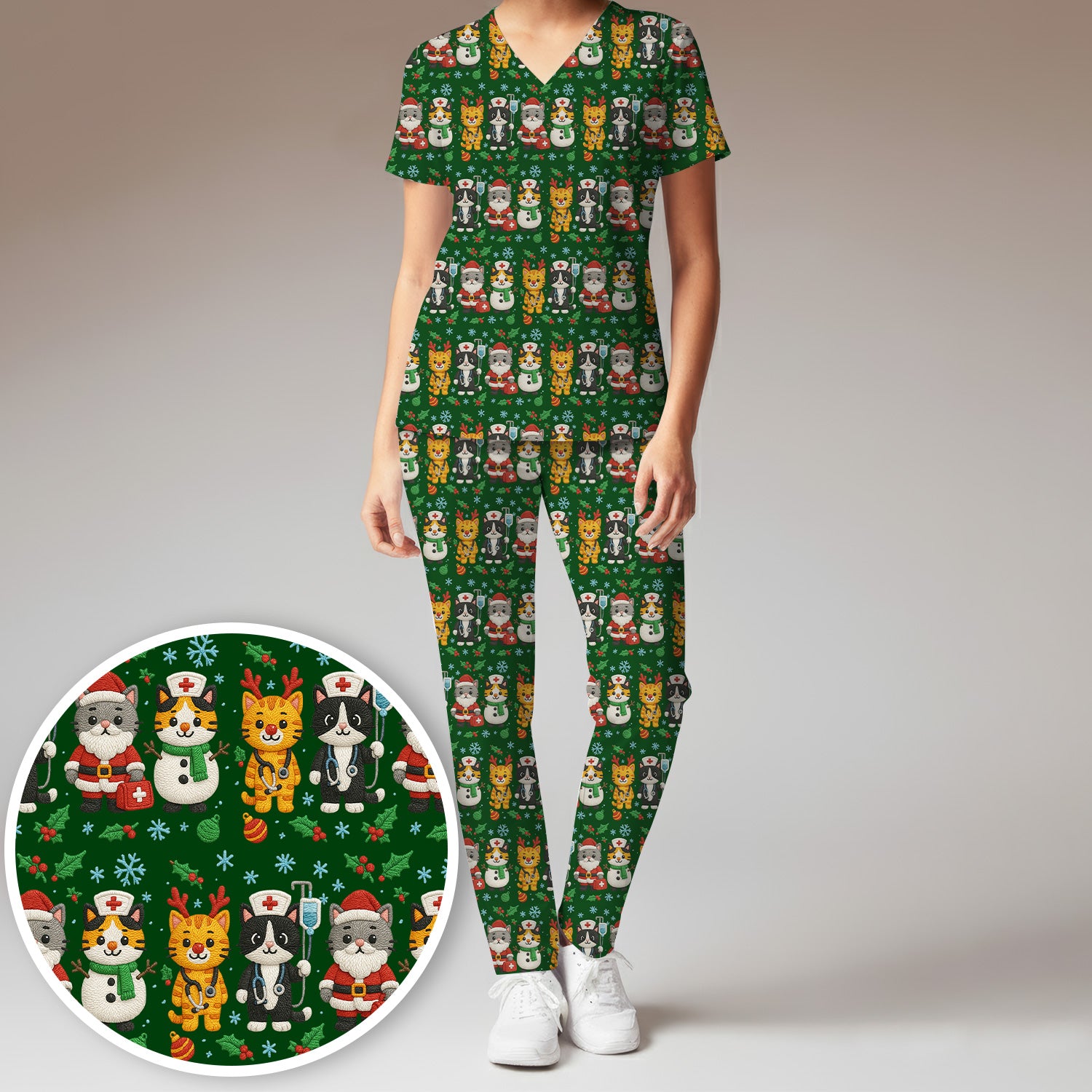 Christmas Cat Nurse Pattern Scrub Set, Cute Holiday Kitty Medical Uniform Shirt For Nursing