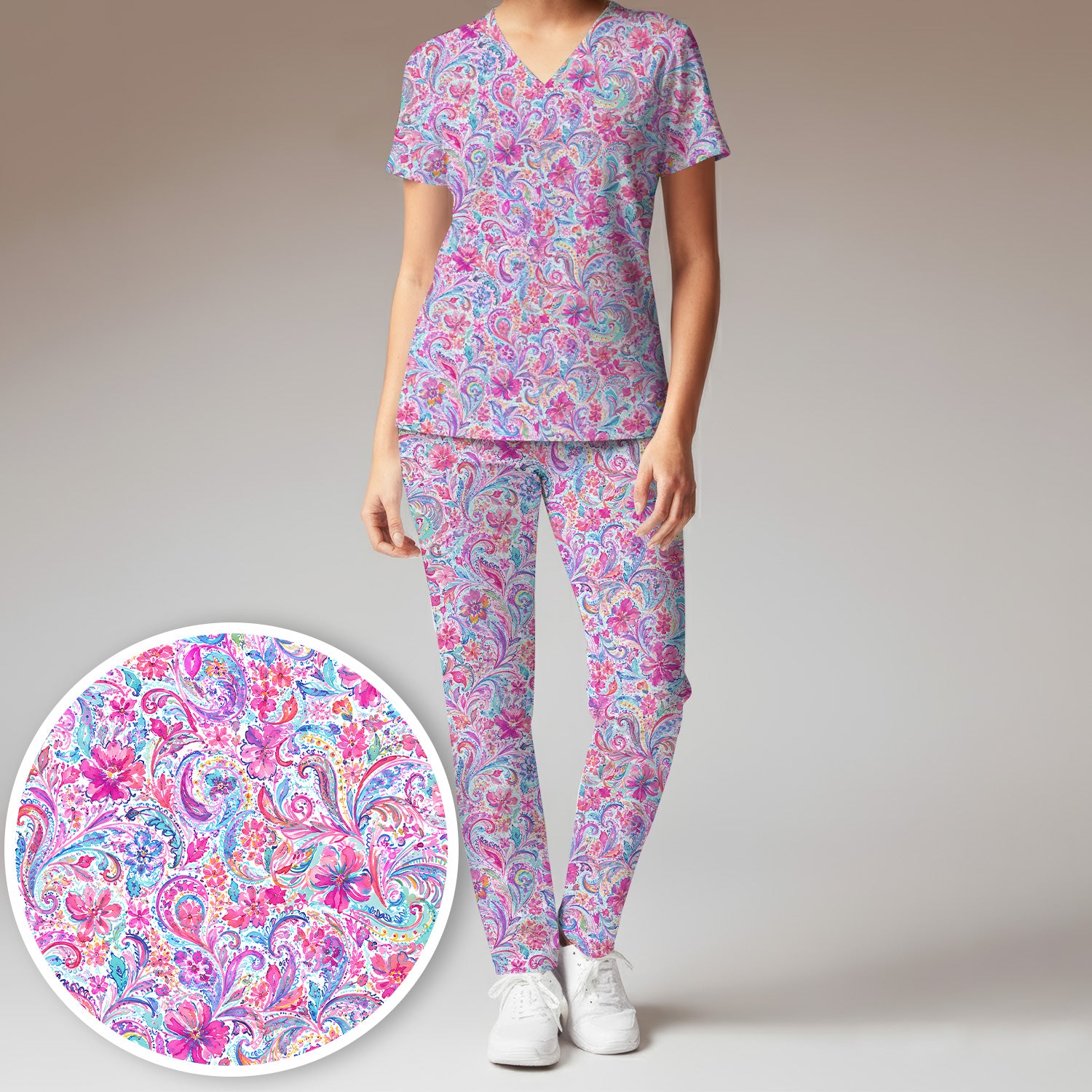 Elegant Pink Paisley Blossom Pattern Scrub Set, Scrub Pants and V Neck Top