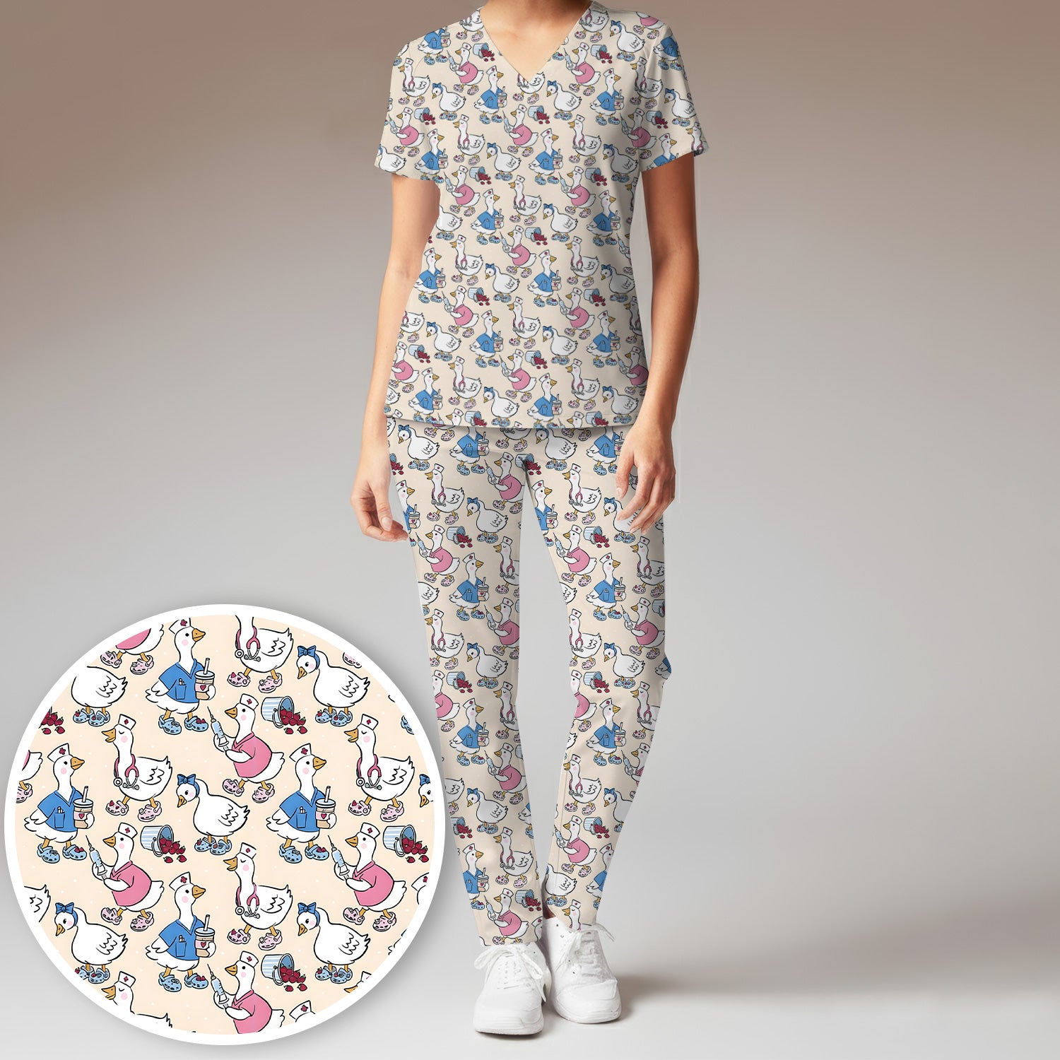 Cute Nurse Goose Cartoon Pattern Scrub Set, Scrub Pants and V Neck Top