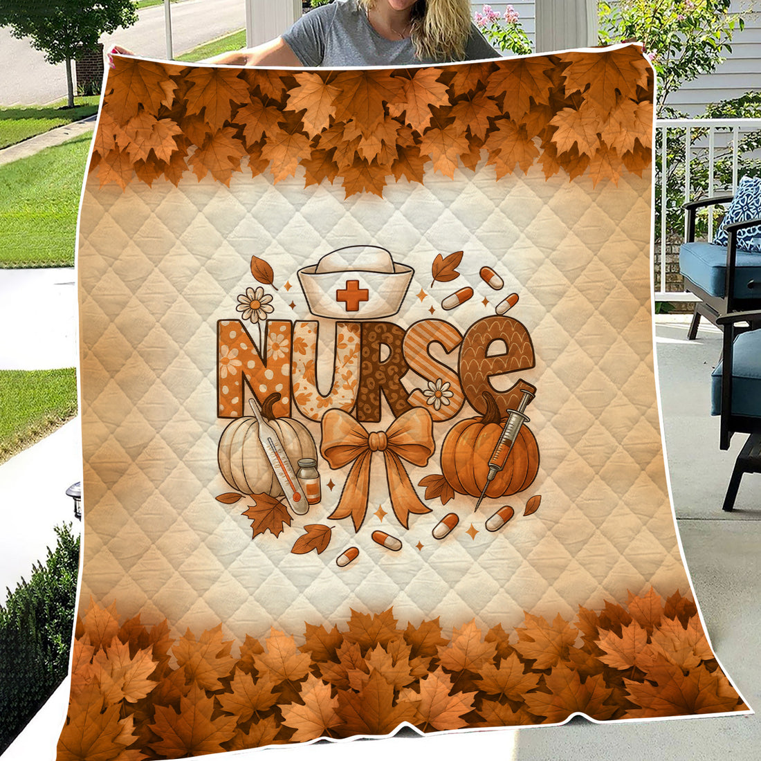 Fall Nurse Blanket with Pumpkins and Leaves - Cozy Autumn Throw for RN CNA LPN - Personalized Thanksgiving Gift for Medical Workers