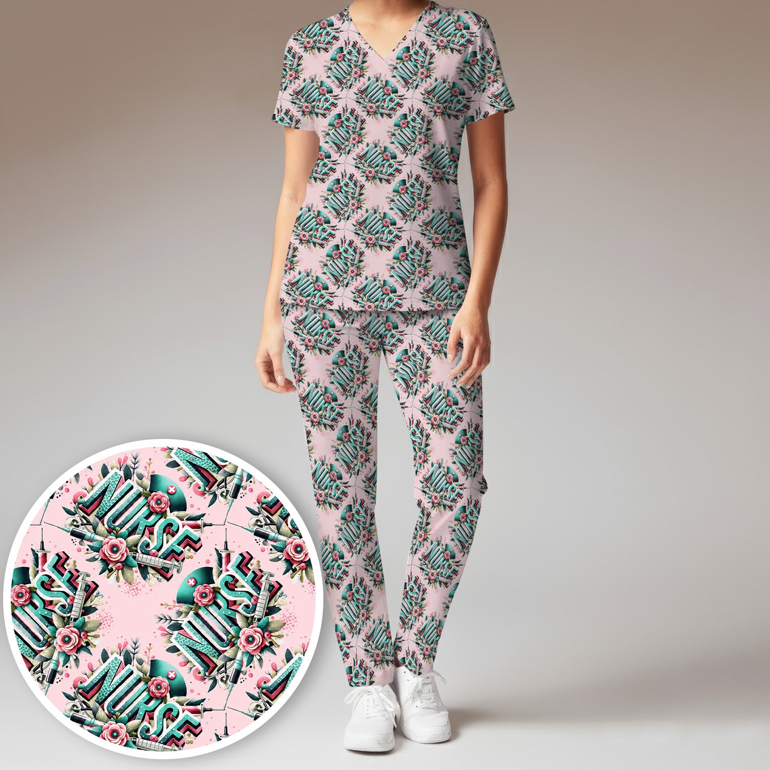 Cute Nurse Typography Floral Medical Pattern Scrub Set, Scrub Pants and V Neck Top