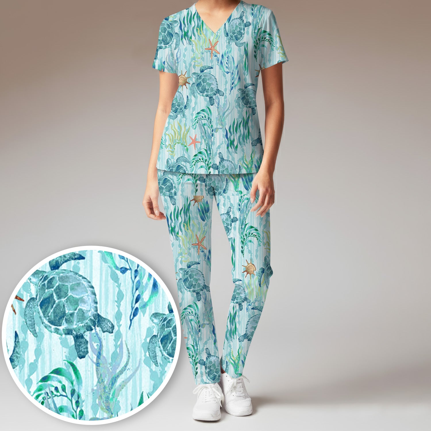 Sea Turtle Ocean Watercolor Print Scrub Set, Scrub Pants and V Neck Top