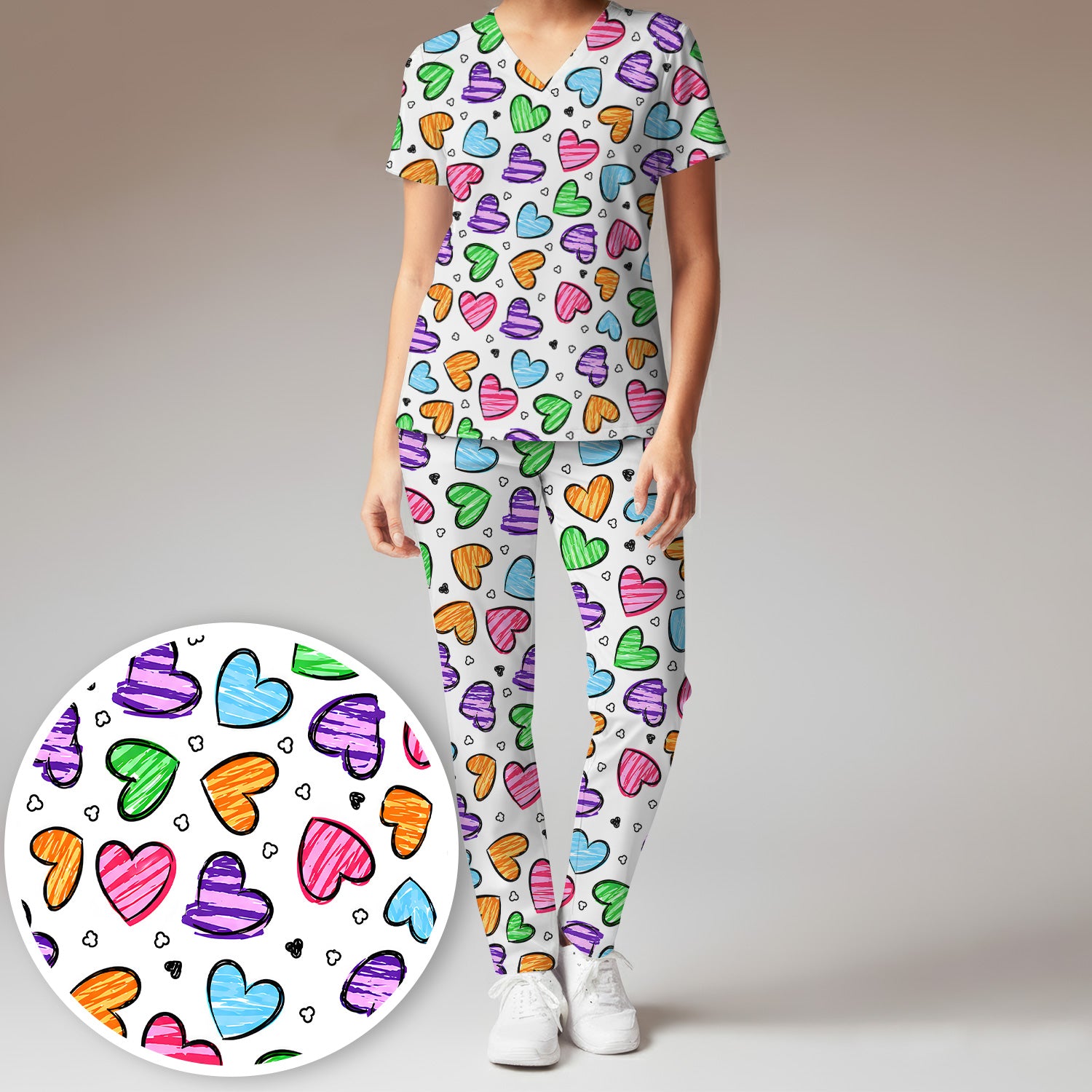 Colorful Doodle Heart Pattern Scrub Set, Scrub Pants and V Neck Top