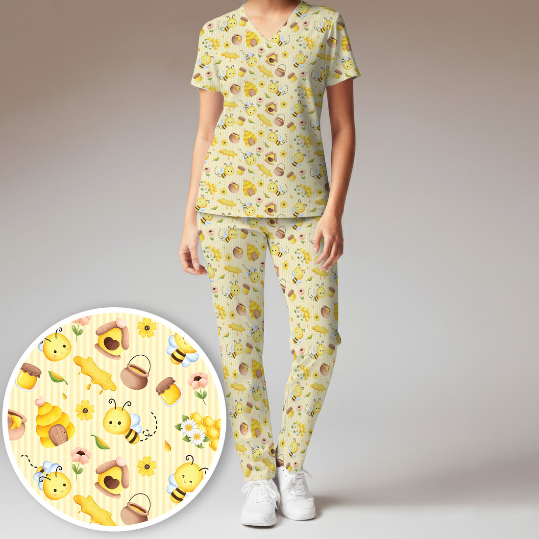 Cute Bee Honey Flower Stripe Pattern Scrub Set, Scrub Pants and V Neck Top