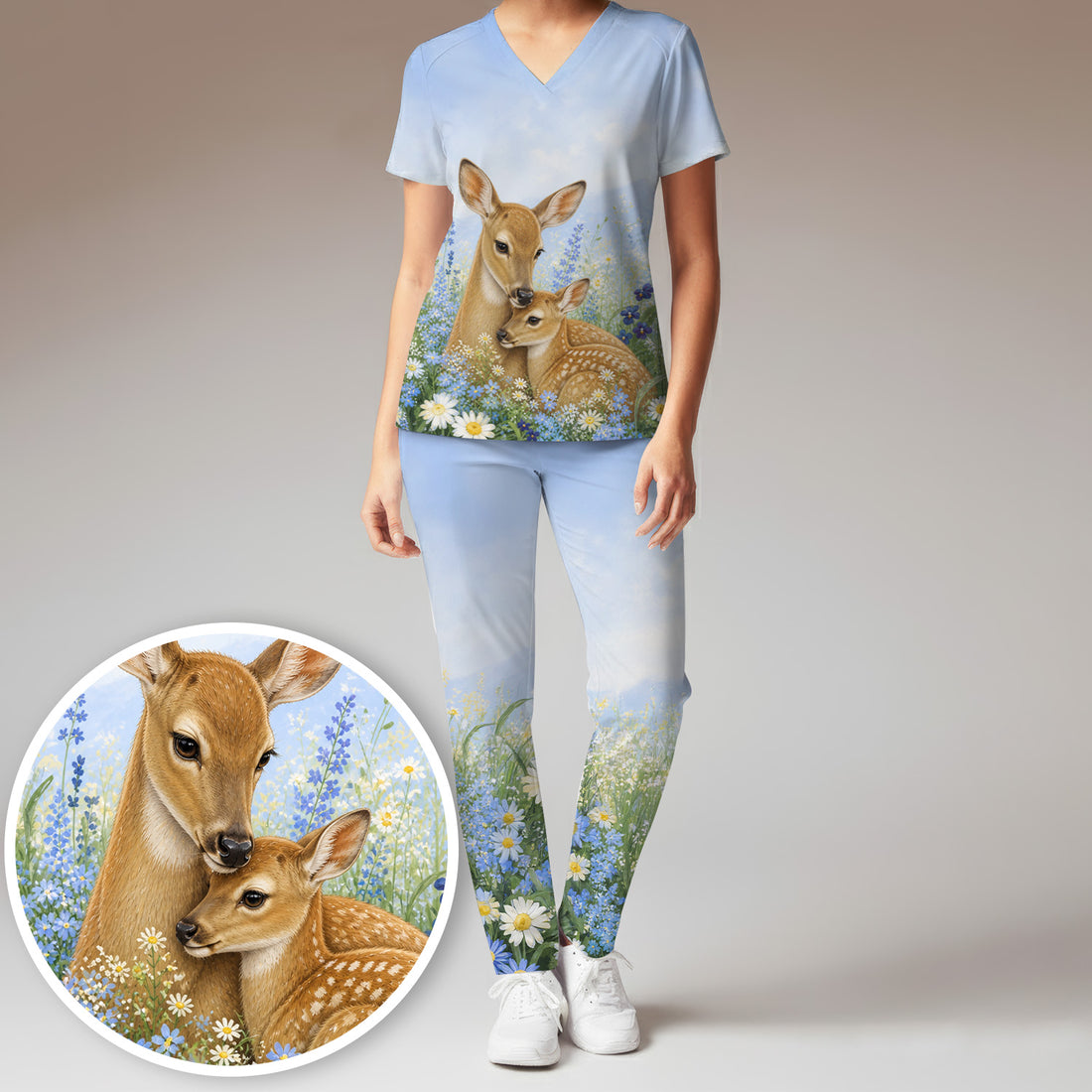Cute Deer Mother Baby With Meadow Pattern Scrub Set, Scrub Pants and V Neck Top