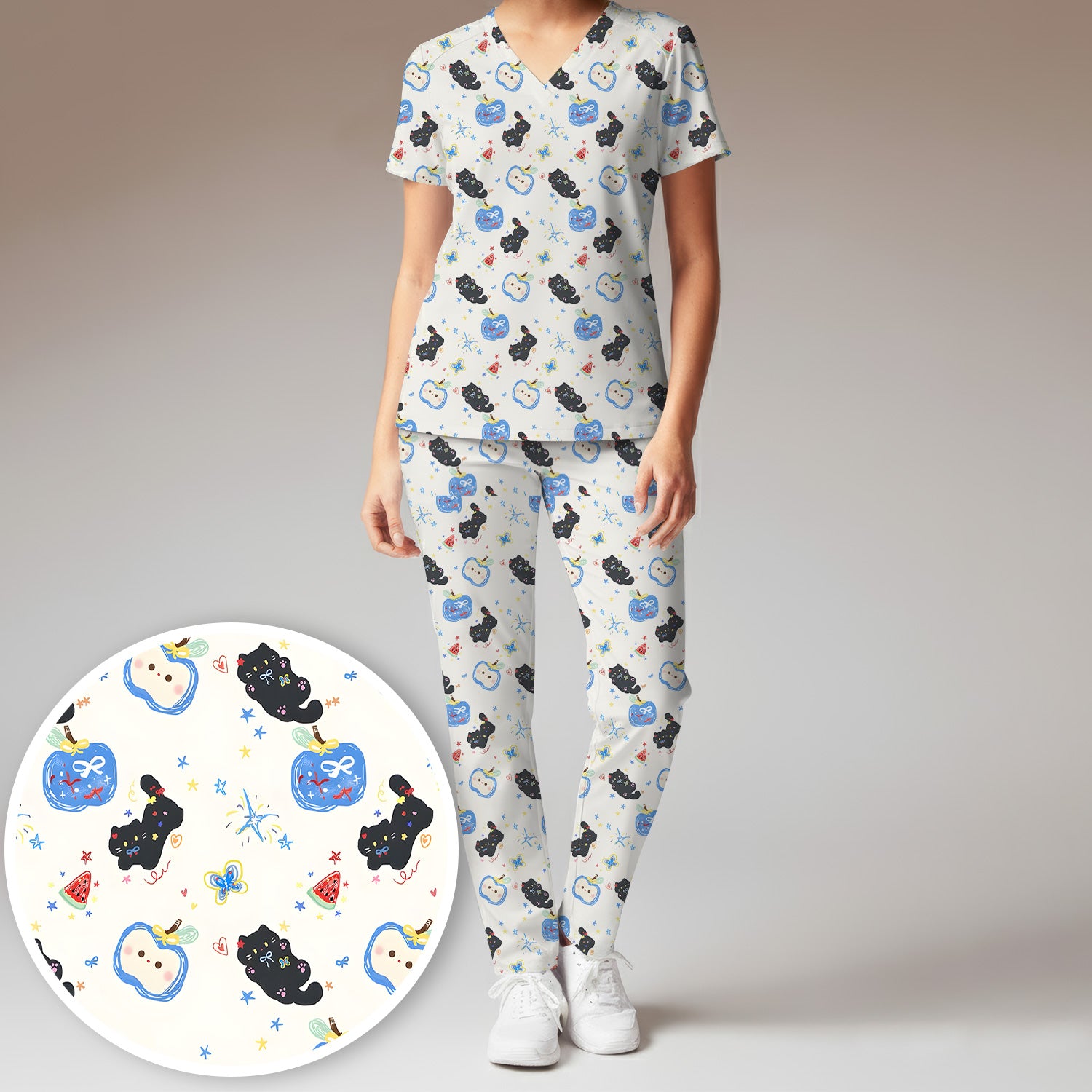 Playful Black Cat Apple Pattern Medical Scrub Top for Medical Staff