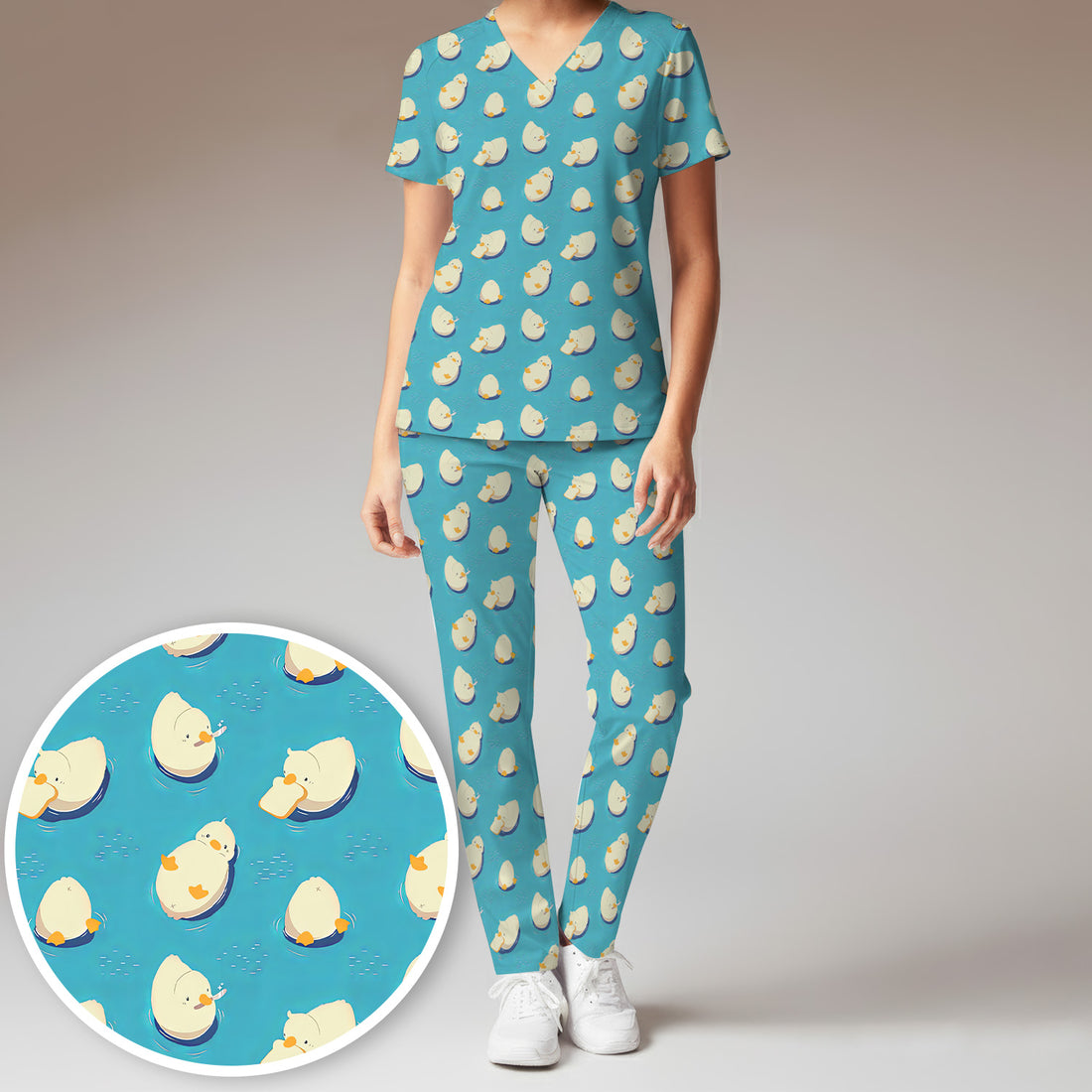 Cute Blue Duck Pond Pattern Scrub Set, Scrub Pants and V Neck Top