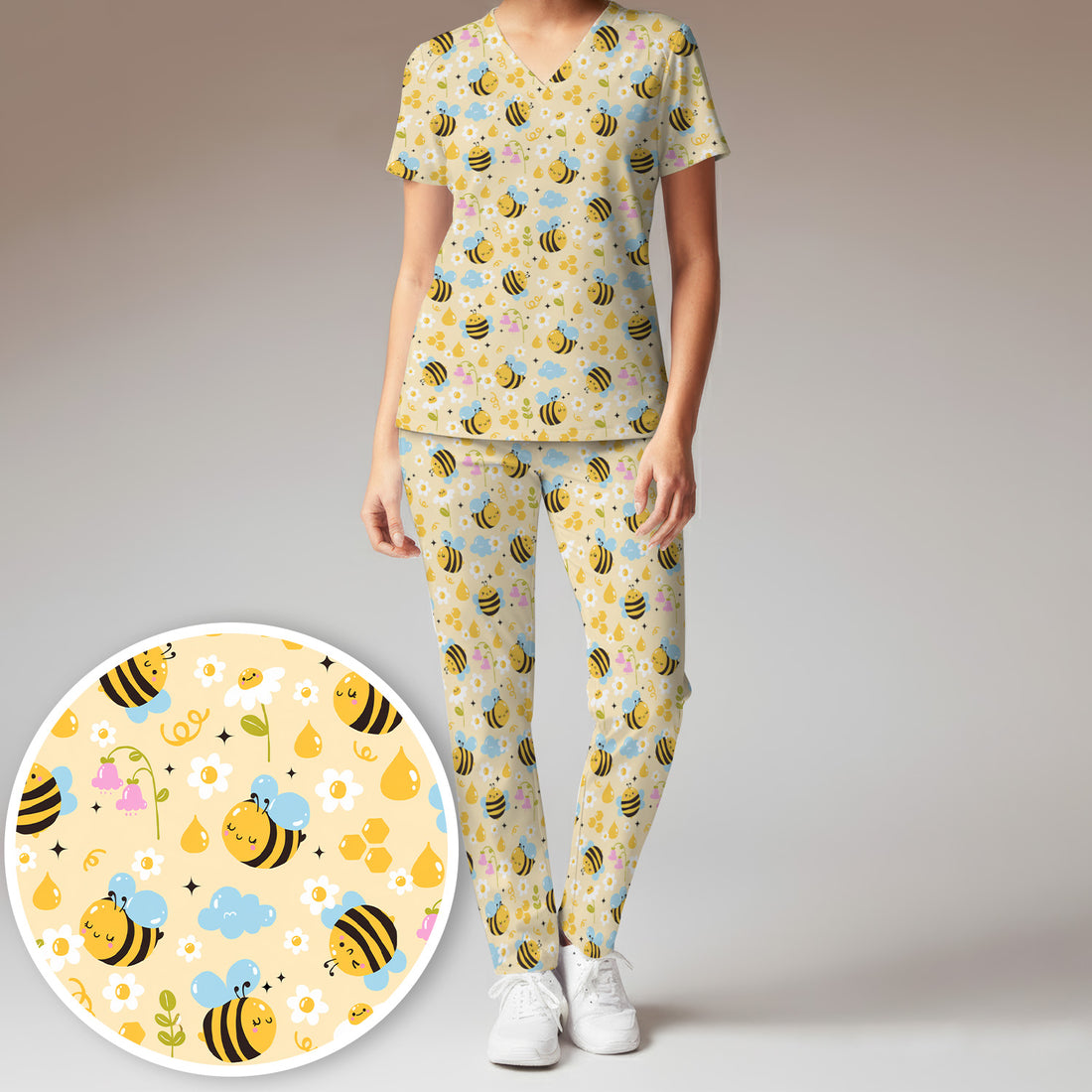 Honey Bee Flower Cloud Pattern Scrub Set, Scrub Pants and V Neck Top