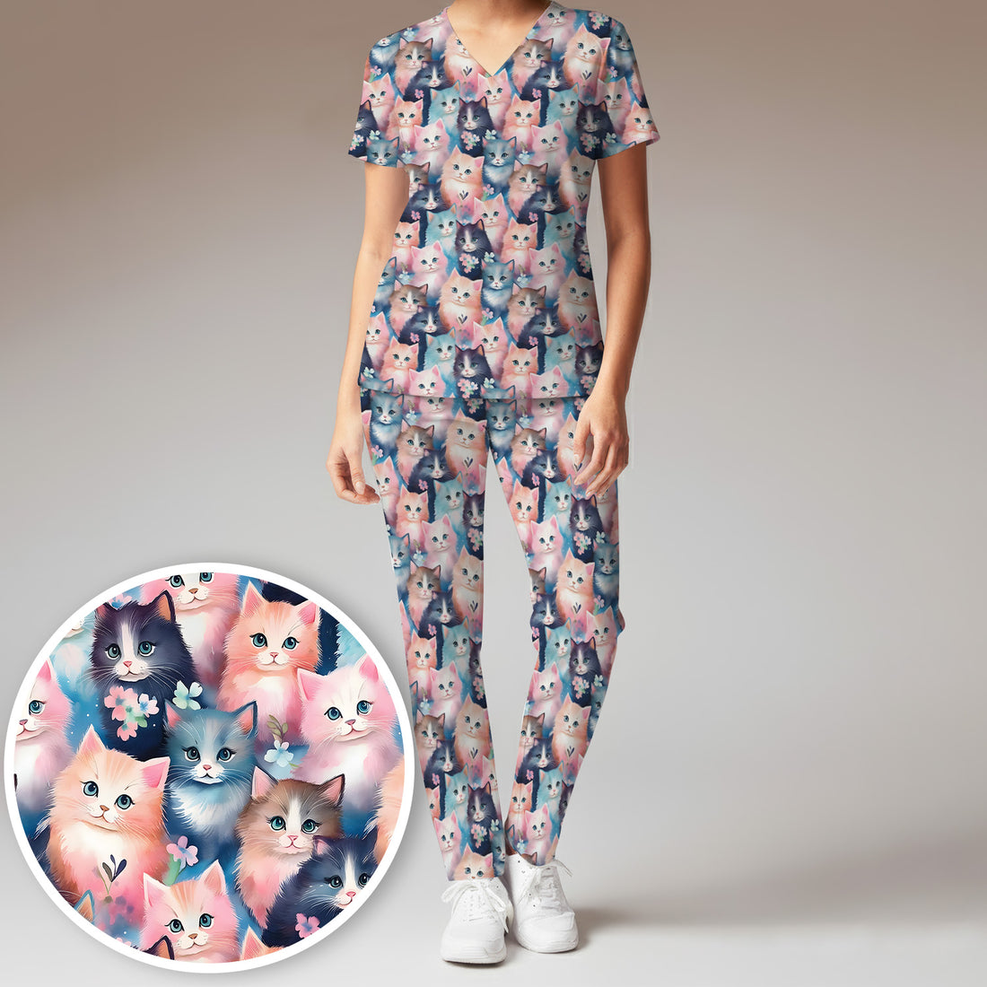 Pastel Kitten Scrub Set, Cute Aesthetic Cat Nursing Uniform Set for Women