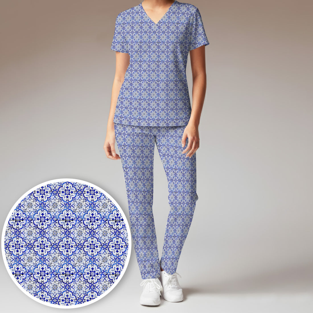 Blue Vintage Tile Floral Pattern Scrub Set, Women's Scrub Sets