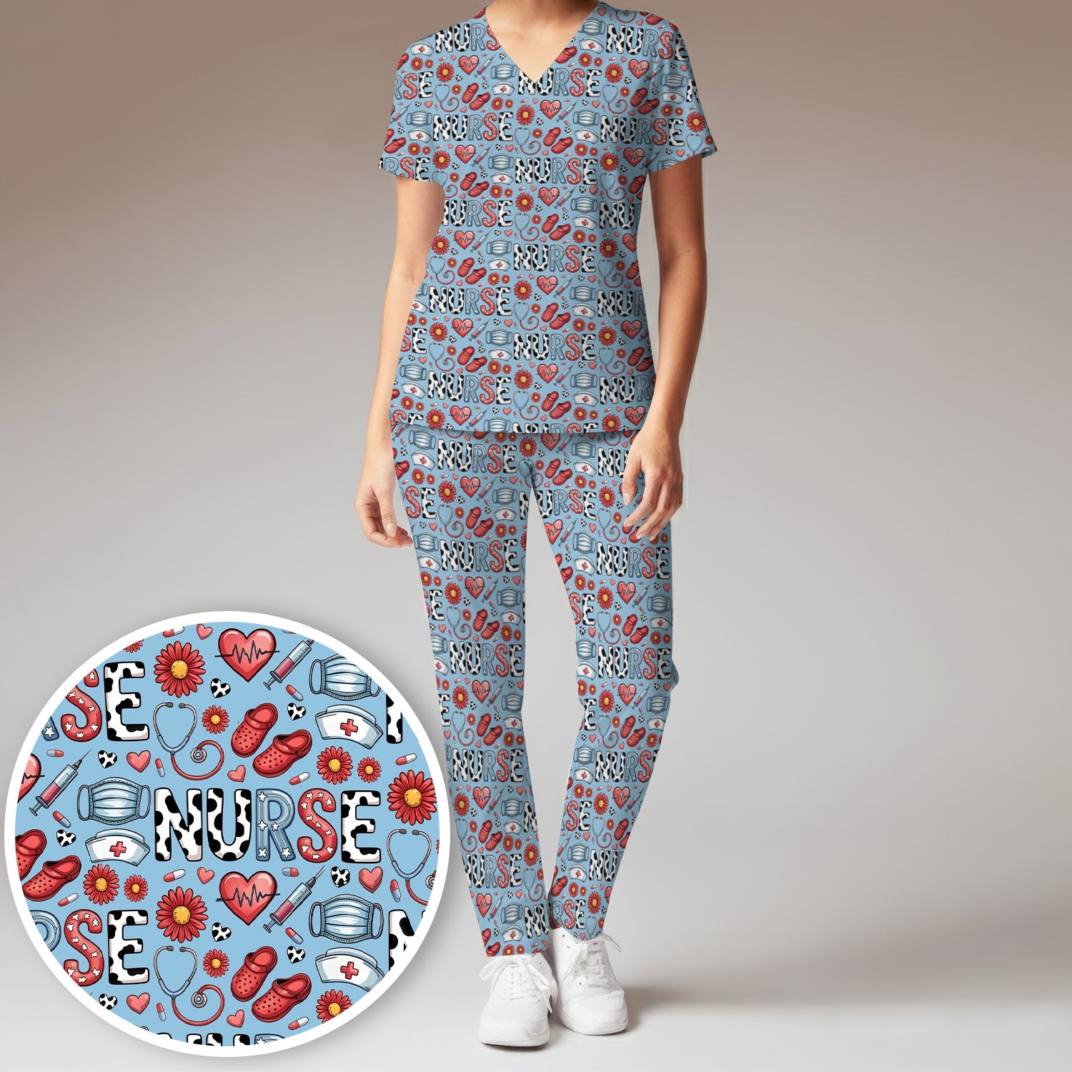 Cute Nurse Medical Icon Pattern Scrub Set, Scrub Pants and V Neck Top