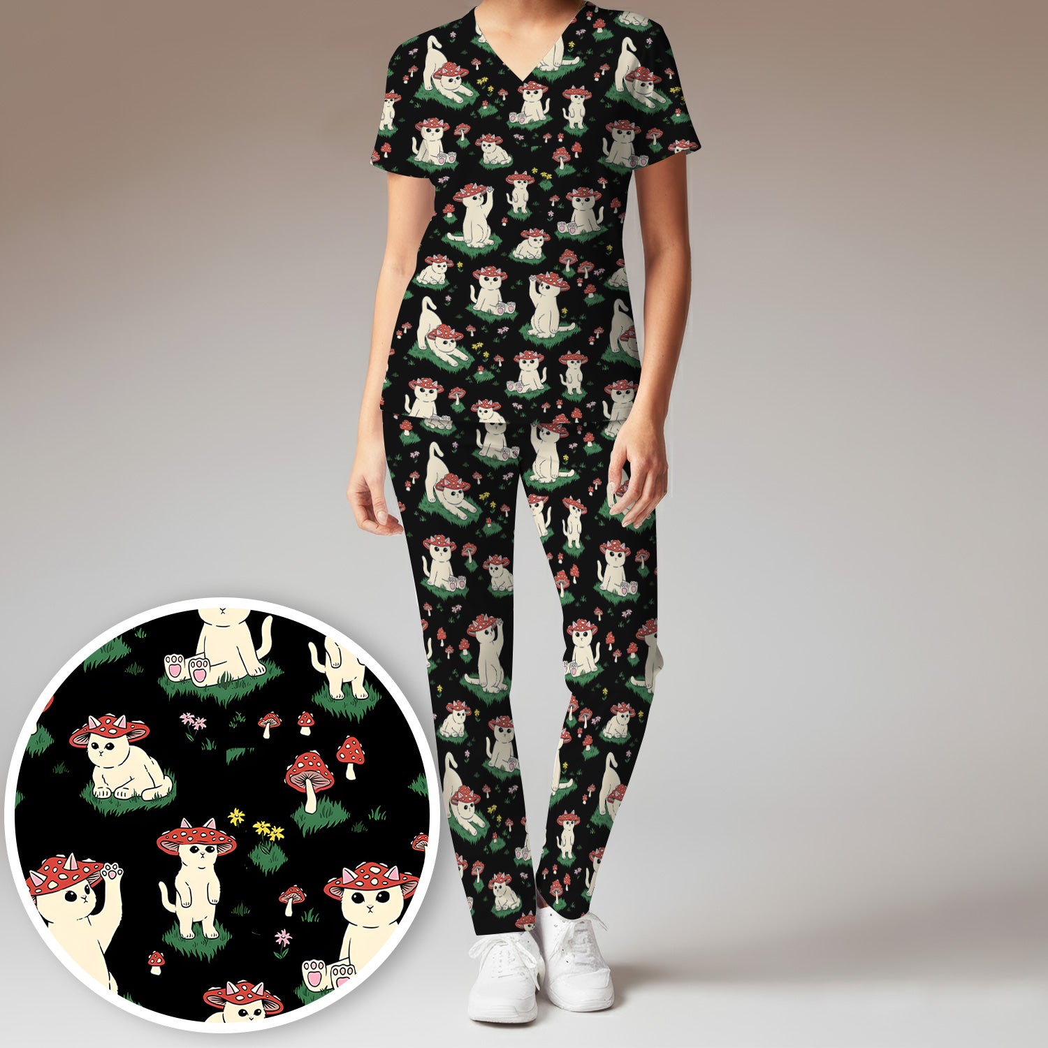 Cute Mushroom Cat Pattern Scrub Set, Scrub Pants and V Neck Top