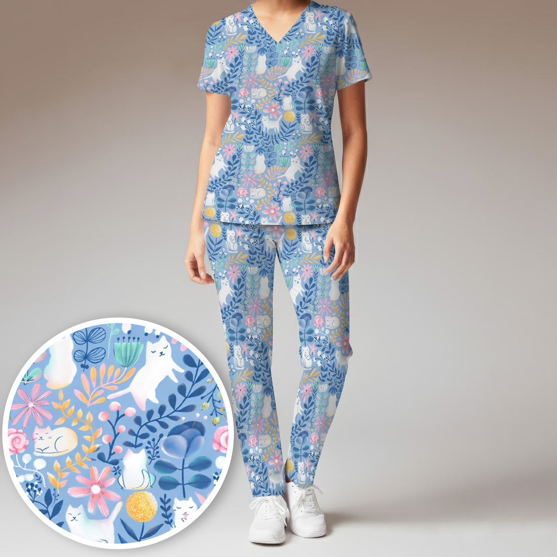 Whimsical Cat Floral Pattern Scrub Set, Women's Scrub Sets
