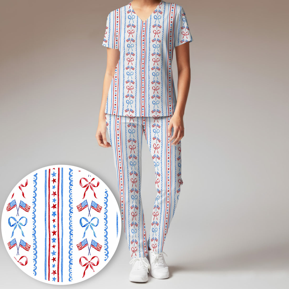 Patriotic USA Flag Bow Stripe Pattern Scrub Set, Scrub Pants and V Neck Top