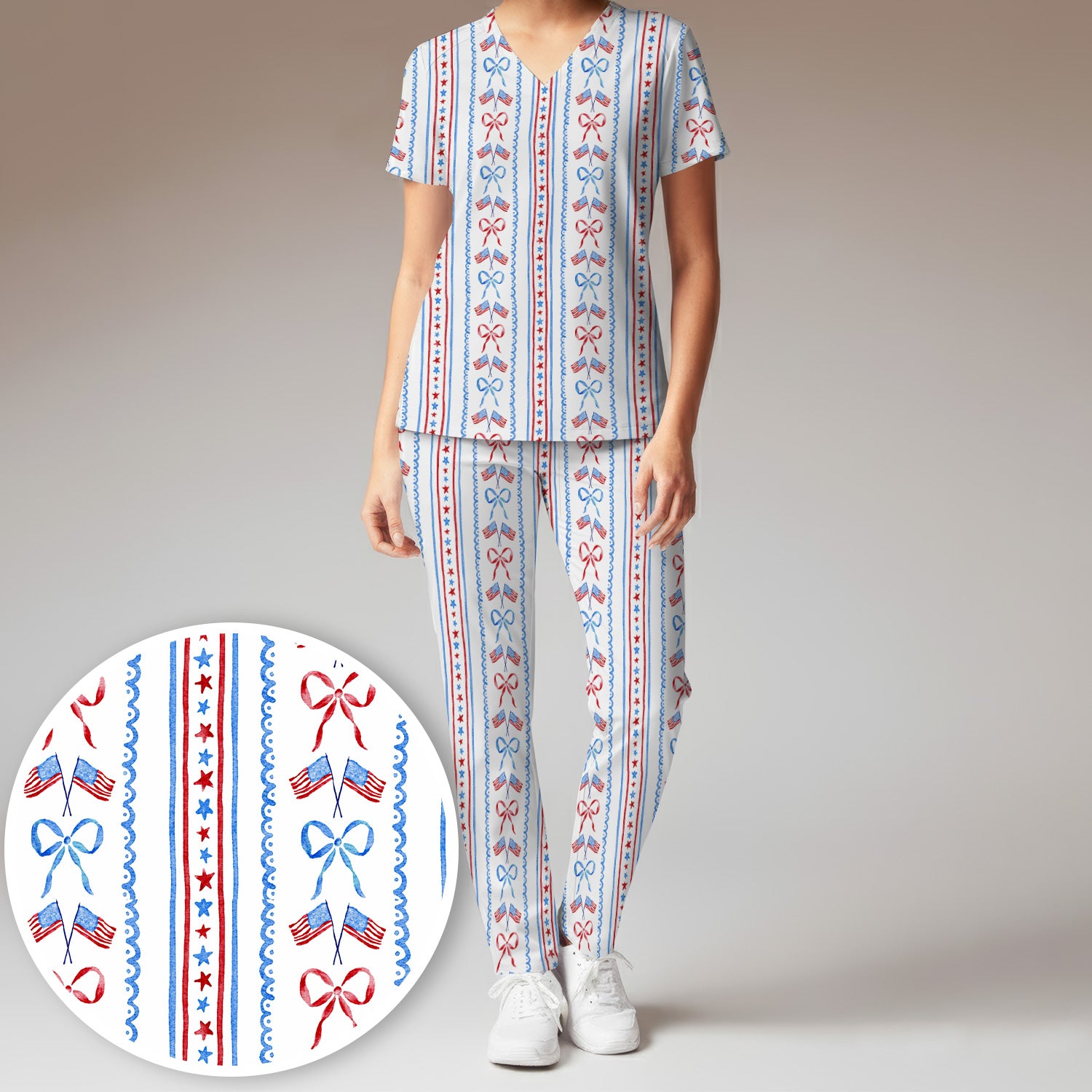 Patriotic USA Flag Bow Stripe Pattern Scrub Set, Scrub Pants and V Neck Top