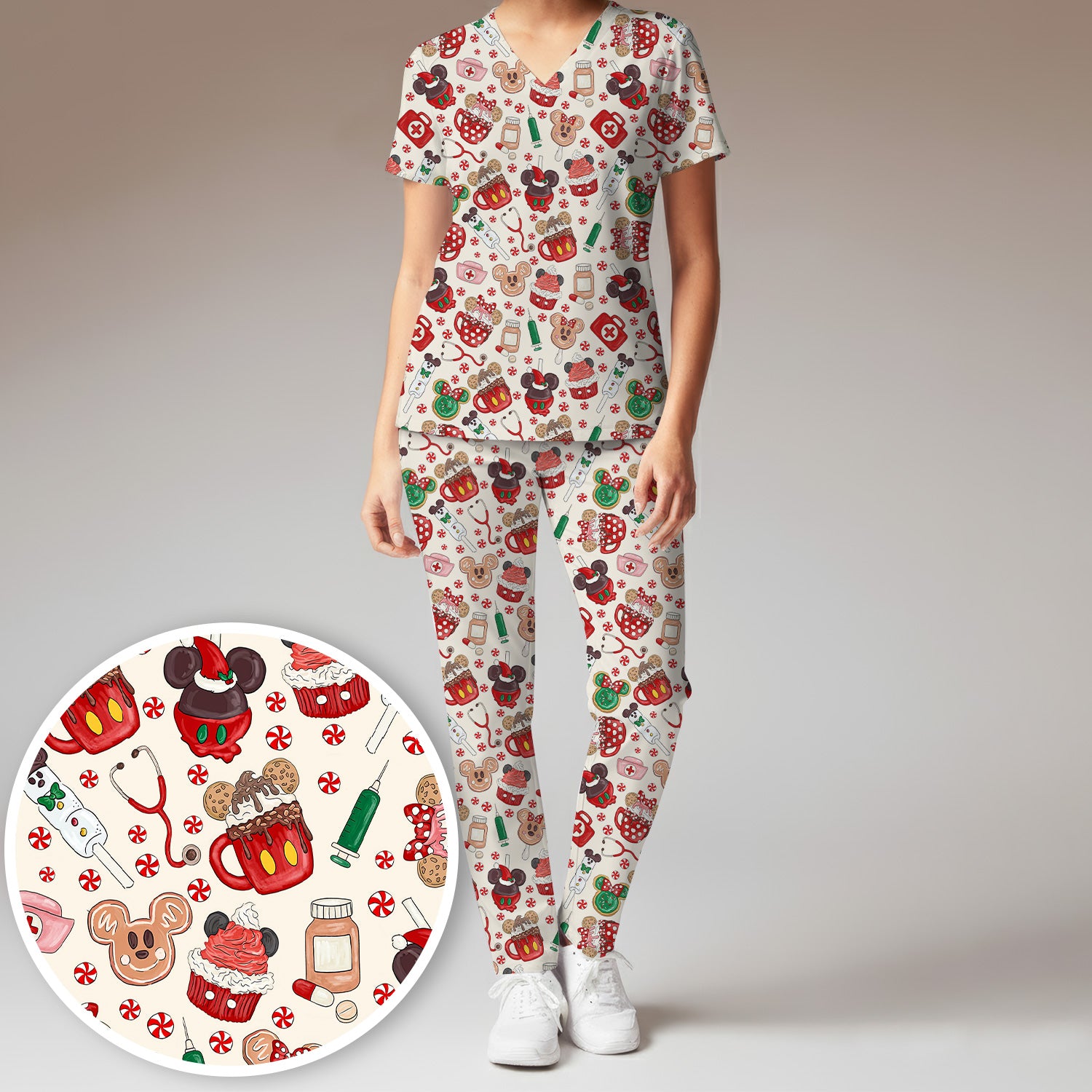 Gingerbread Christmas Comfortable Scrub Set for Nurses - Funny Cookies Candy Cupcake Pants and V Neck Top - Holiday Med Uniform