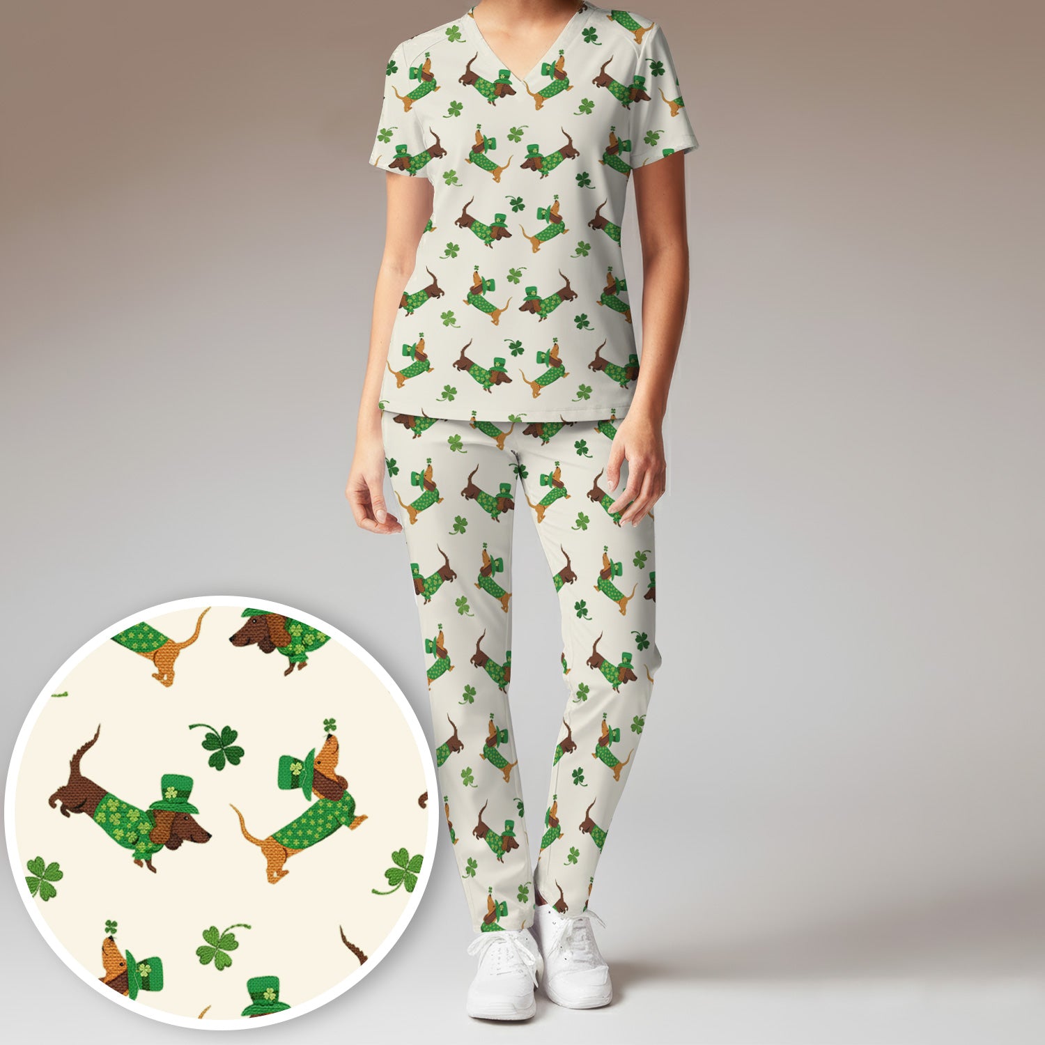 St. Patrick’s Day Dachshund Scrub Set, Funny Wiener Dog Nurse Shirt, Breathable Fabrics Nursing Uniform