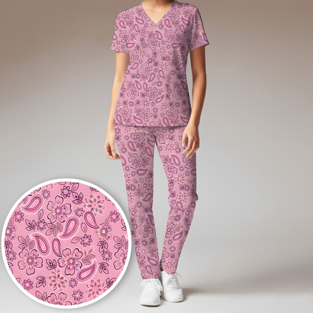 Pink Paisley Floral Nurse Pattern Scrub Set, Scrub Pants and V Neck Top