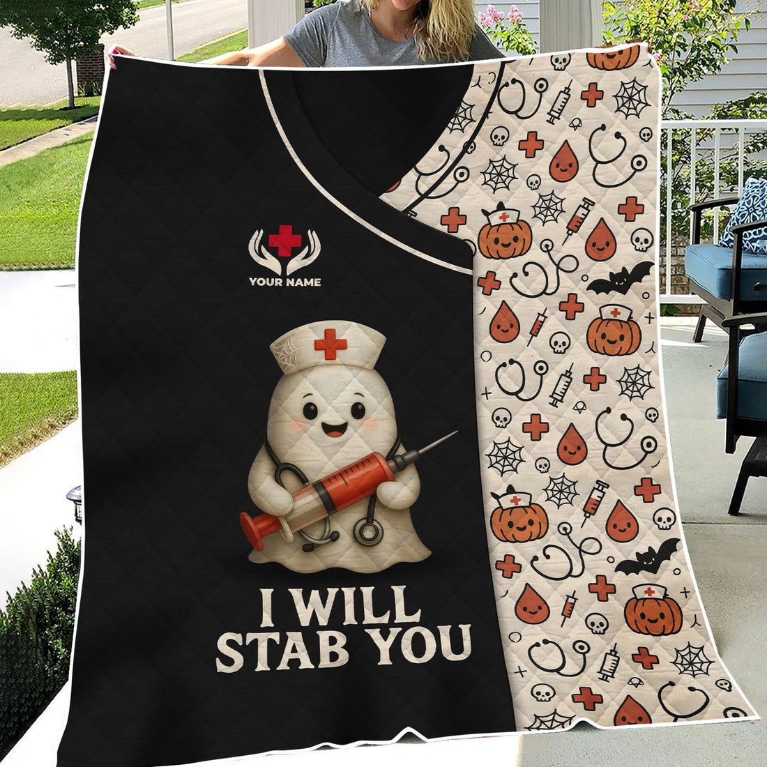 Custom Halloween Nurse Blanket for RN LPN CNA - Funny Ghost Syringe Design with I Will Stab You Quote - Gift for Healthcare Workers & Nursing Teams