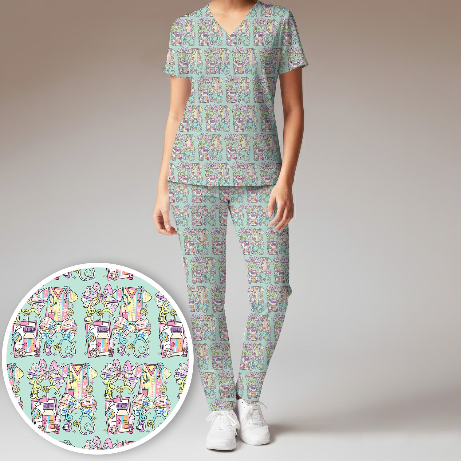Colorful Nurse Scrub Supplies Pattern Scrub Set, Scrub Pants and V Neck Top