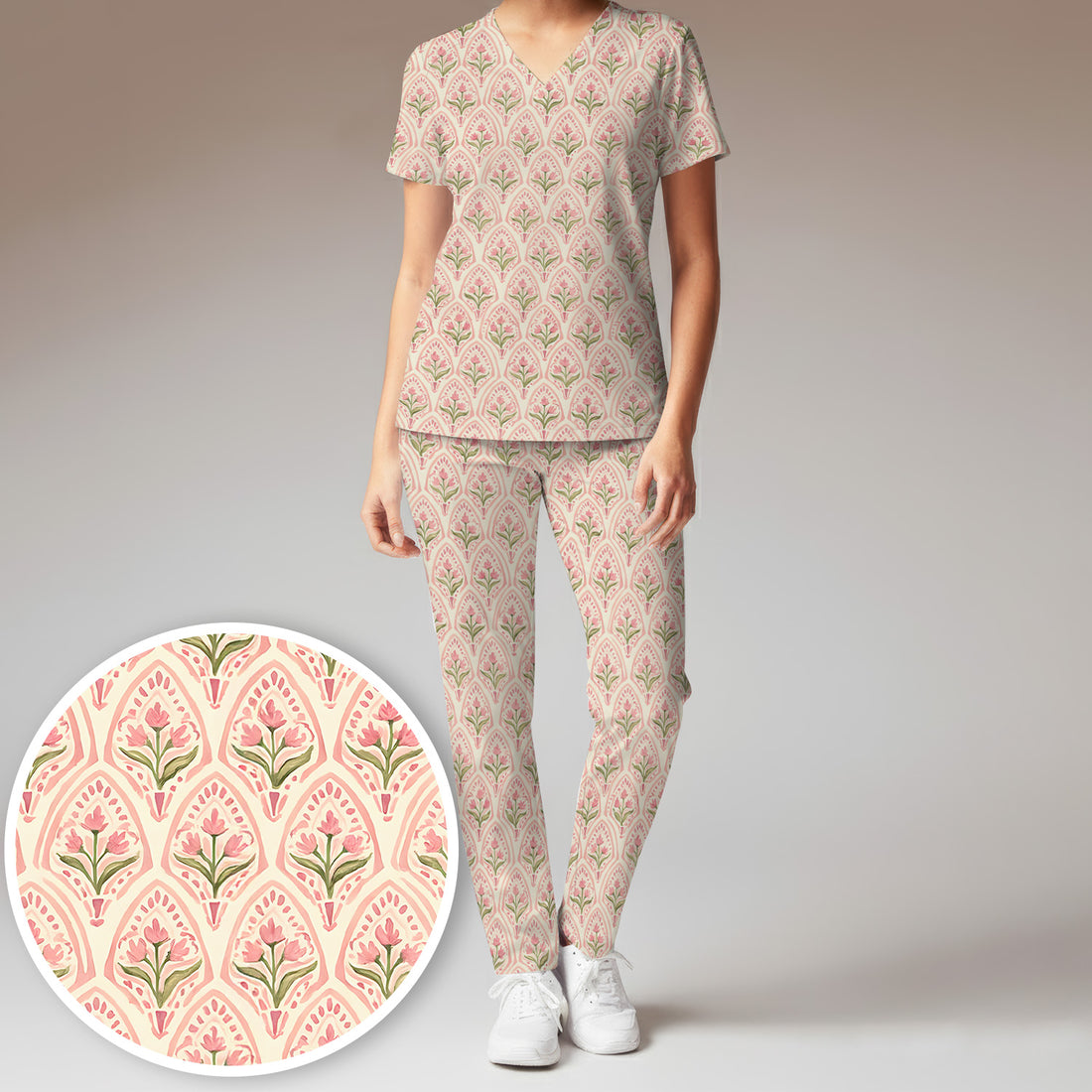 Pink Tulip Floral Arch Pattern Scrub Set, Scrub Pants and V Neck Top