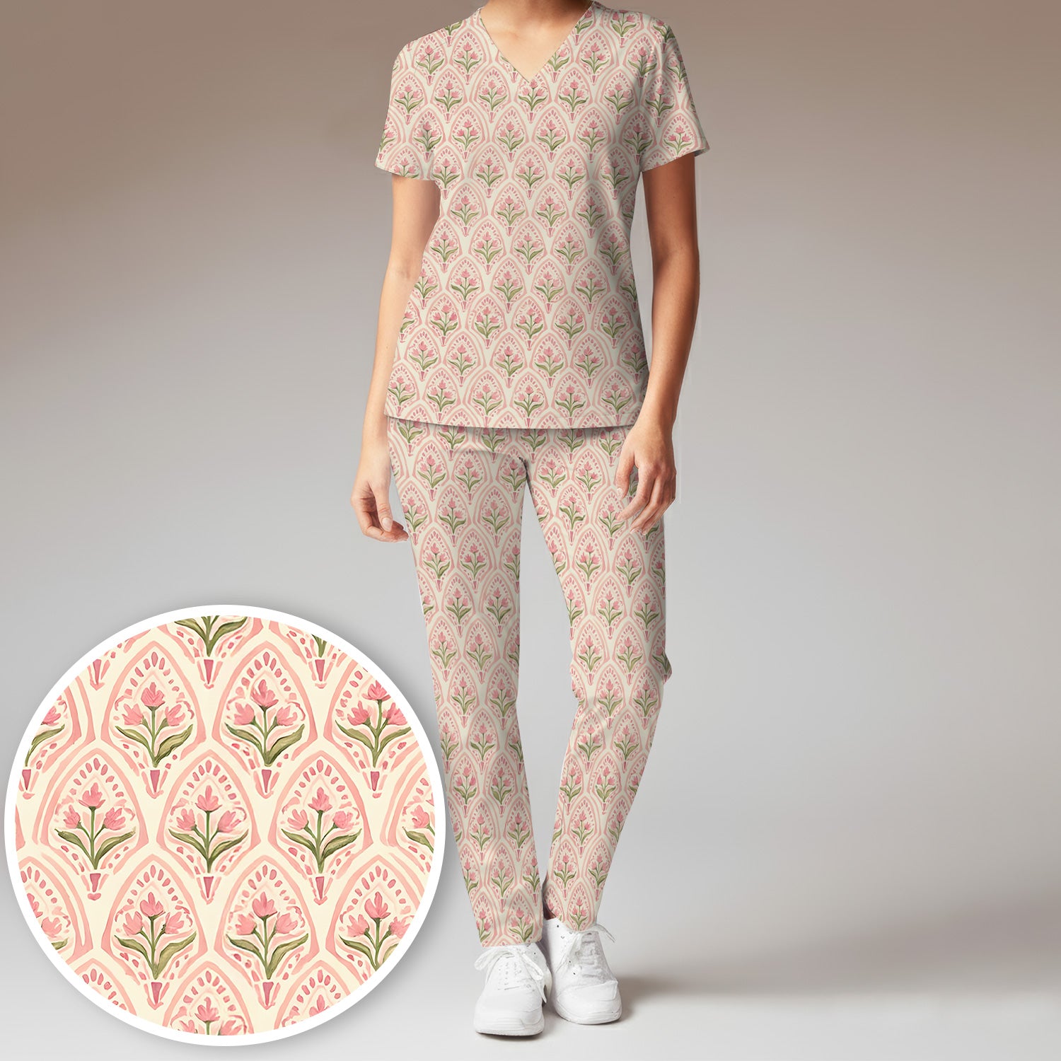 Pink Tulip Floral Arch Pattern Scrub Set, Scrub Pants and V Neck Top