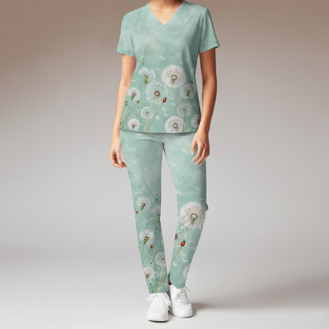Dandelion Wishes Ladybug Meadow Pattern Scrub Set, Scrub Pants and V Neck Top