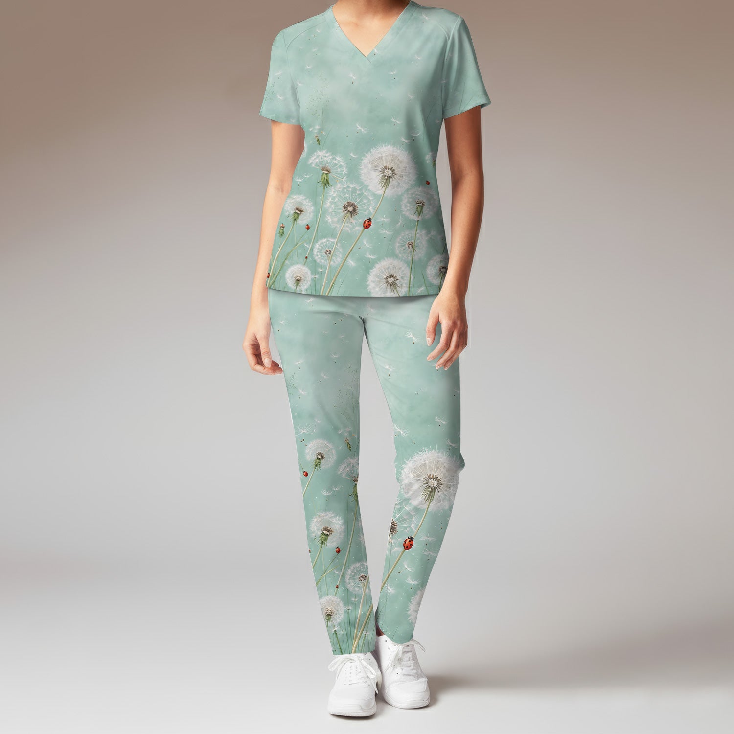 Dandelion Wishes Ladybug Meadow Pattern Scrub Set, Scrub Pants and V Neck Top