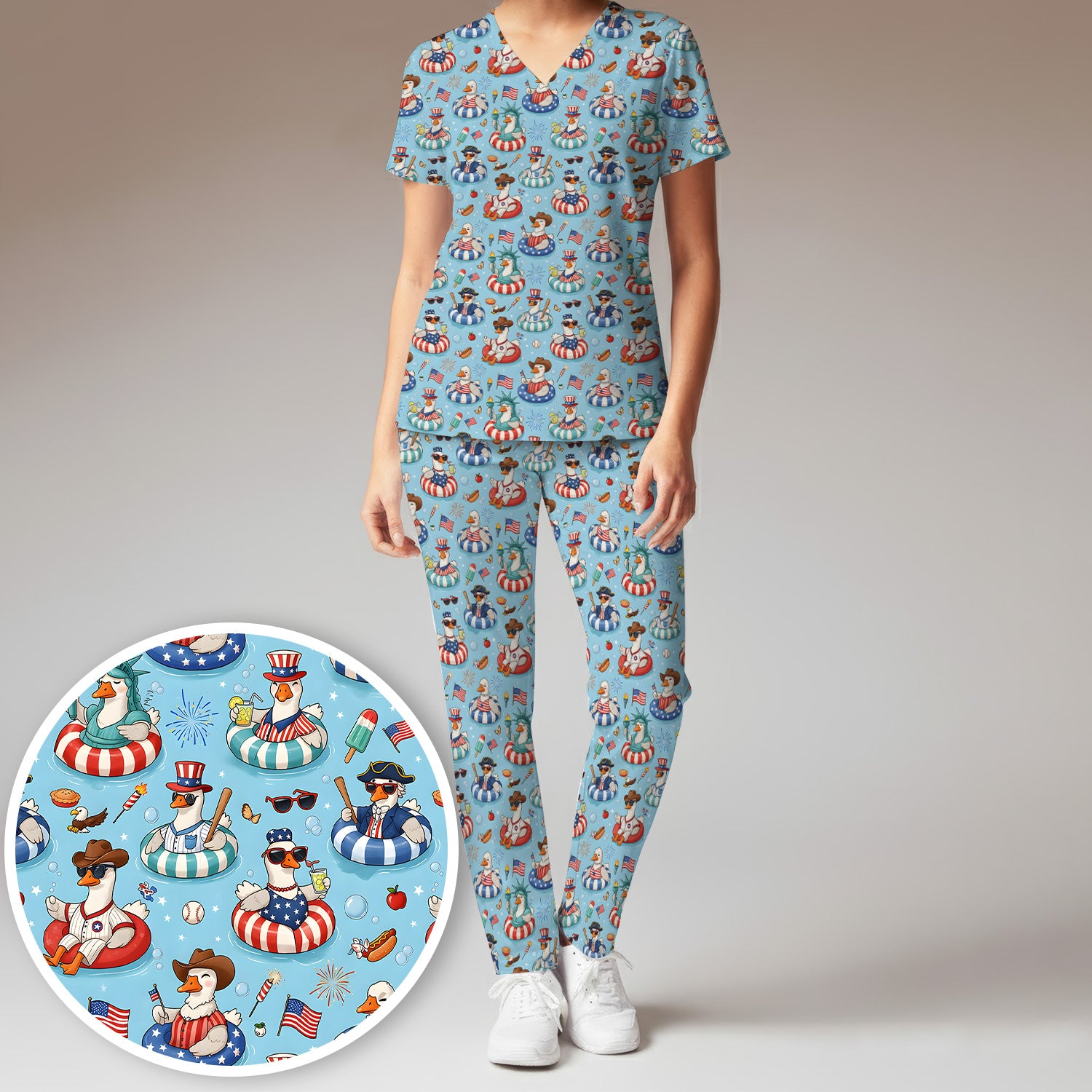 Funny Patriotic Duck Pool Party Pattern Scrub Set, Scrub Pants and V Neck Top