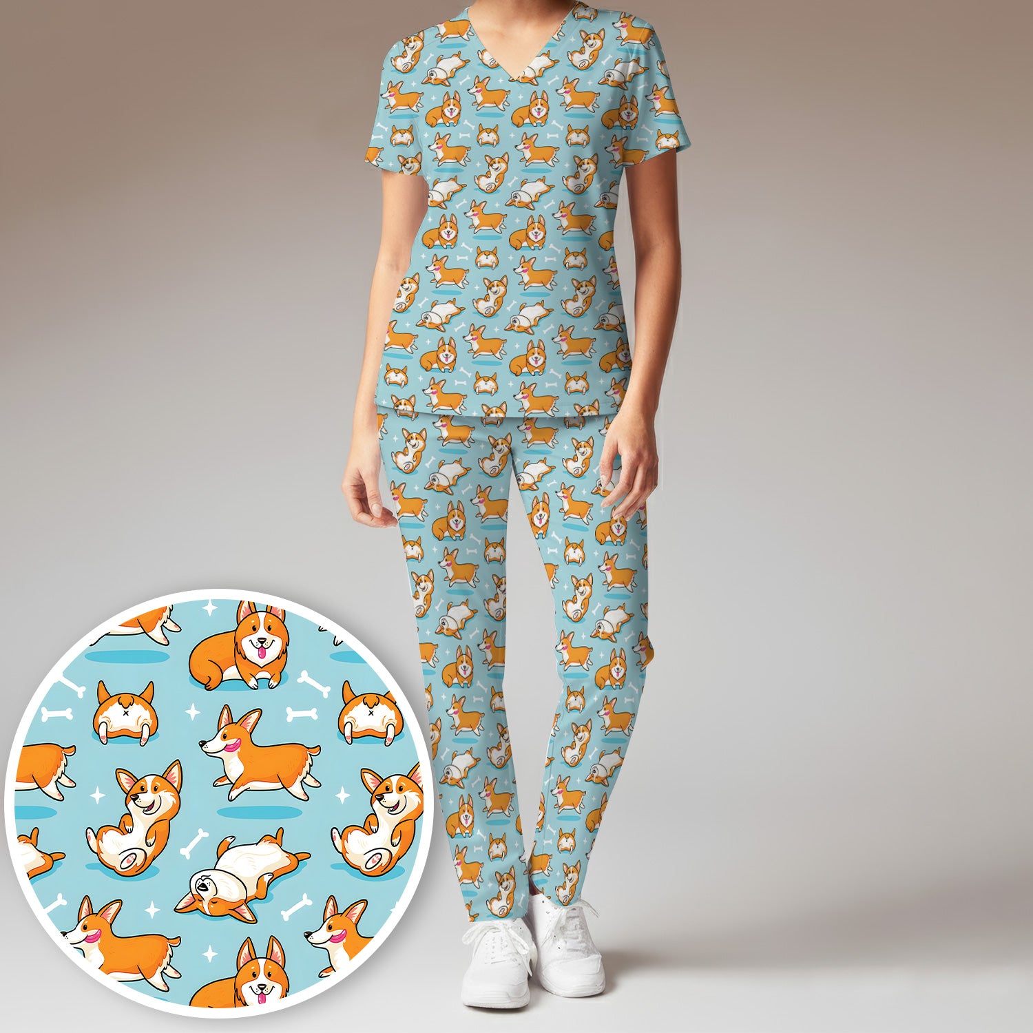 Corgi Dog Playing Rolling Bone Pattern Scrub Set, Scrub Pants and V Neck Top