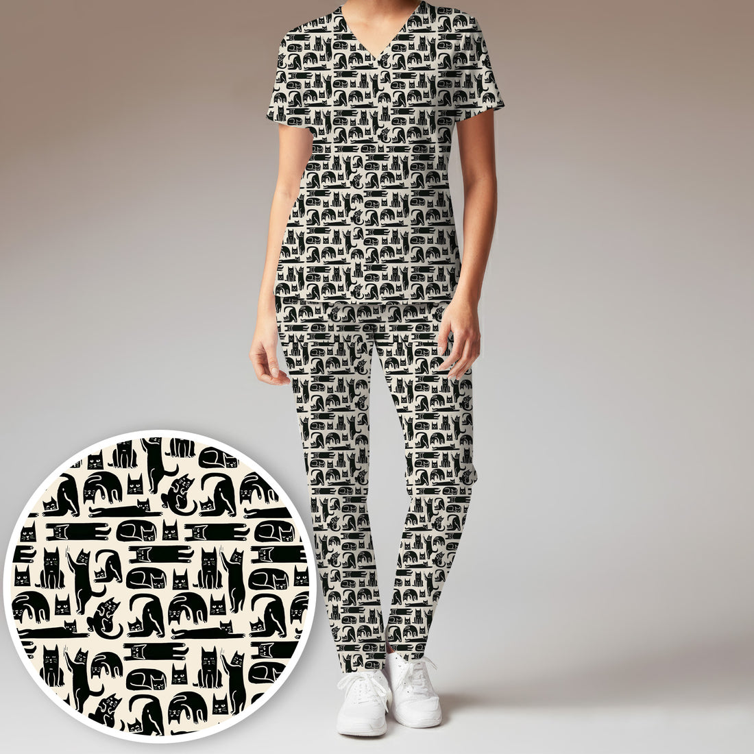 Cute Funny Cat Poses Print Scrub Sets, Scrub Pants and V Neck Top
