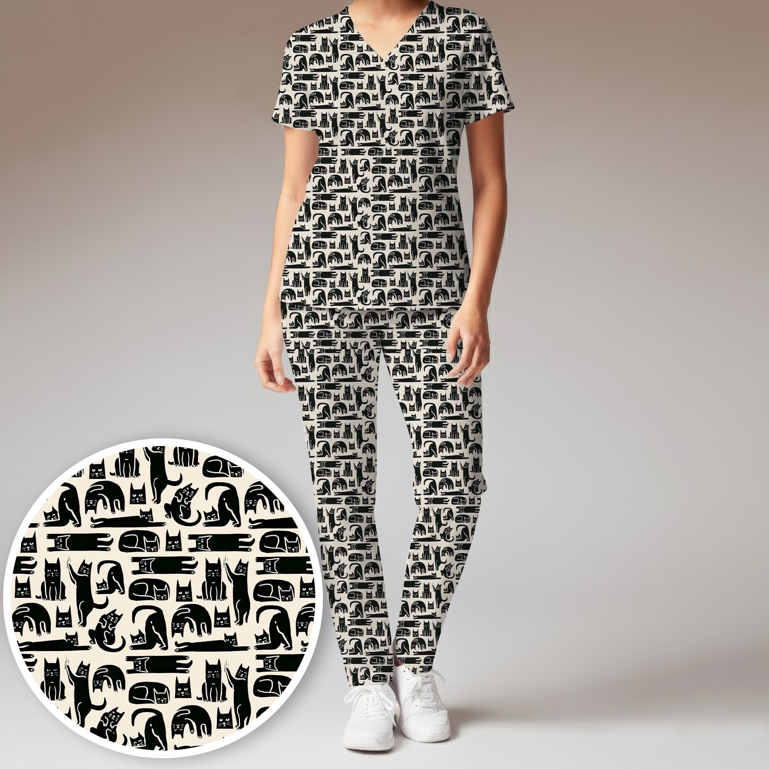 Cute Funny Cat Poses Print Scrub Sets, Scrub Pants and V Neck Top