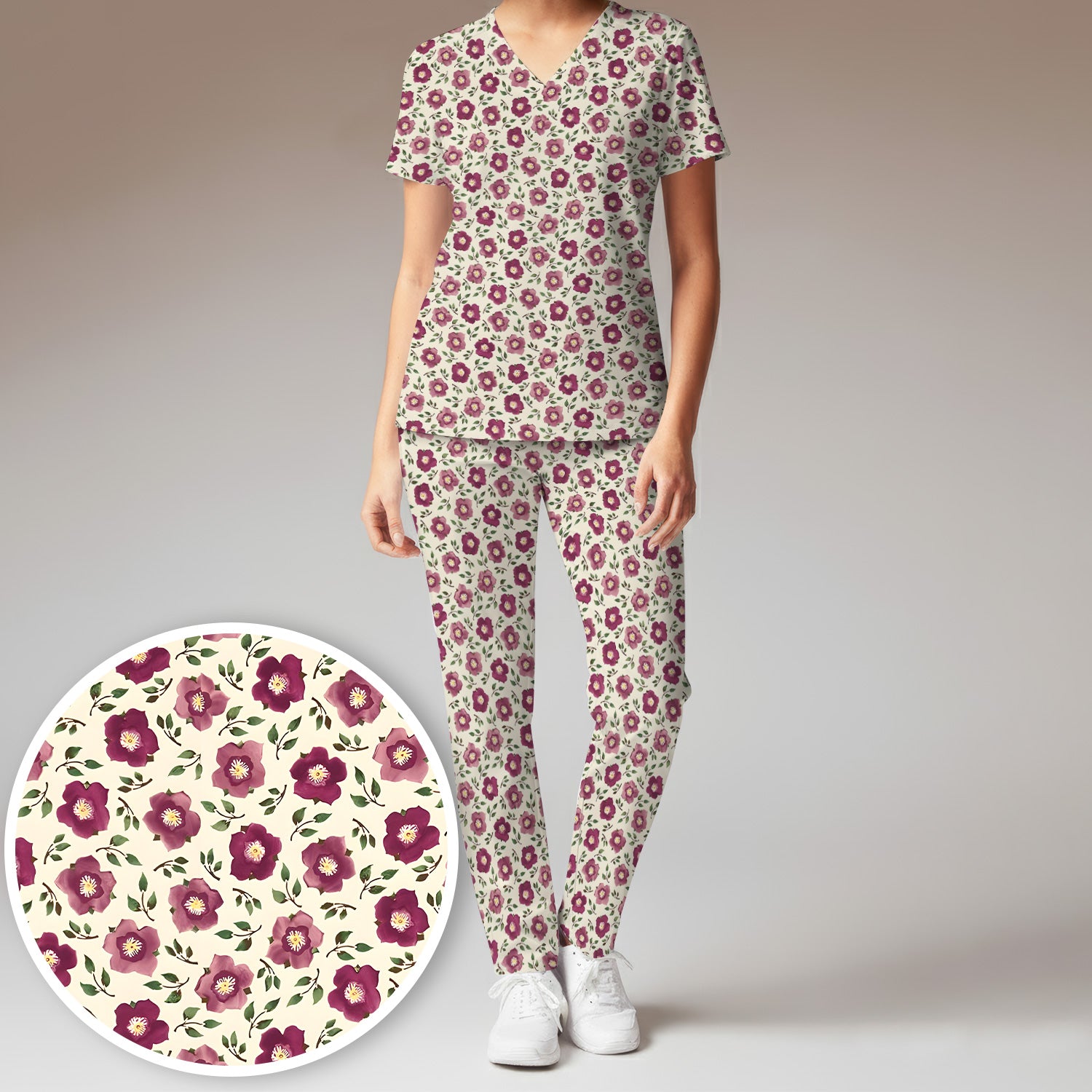 Purple Floral Blossom Leaf Pattern Scrub Set, Scrub Pants and V Neck Top