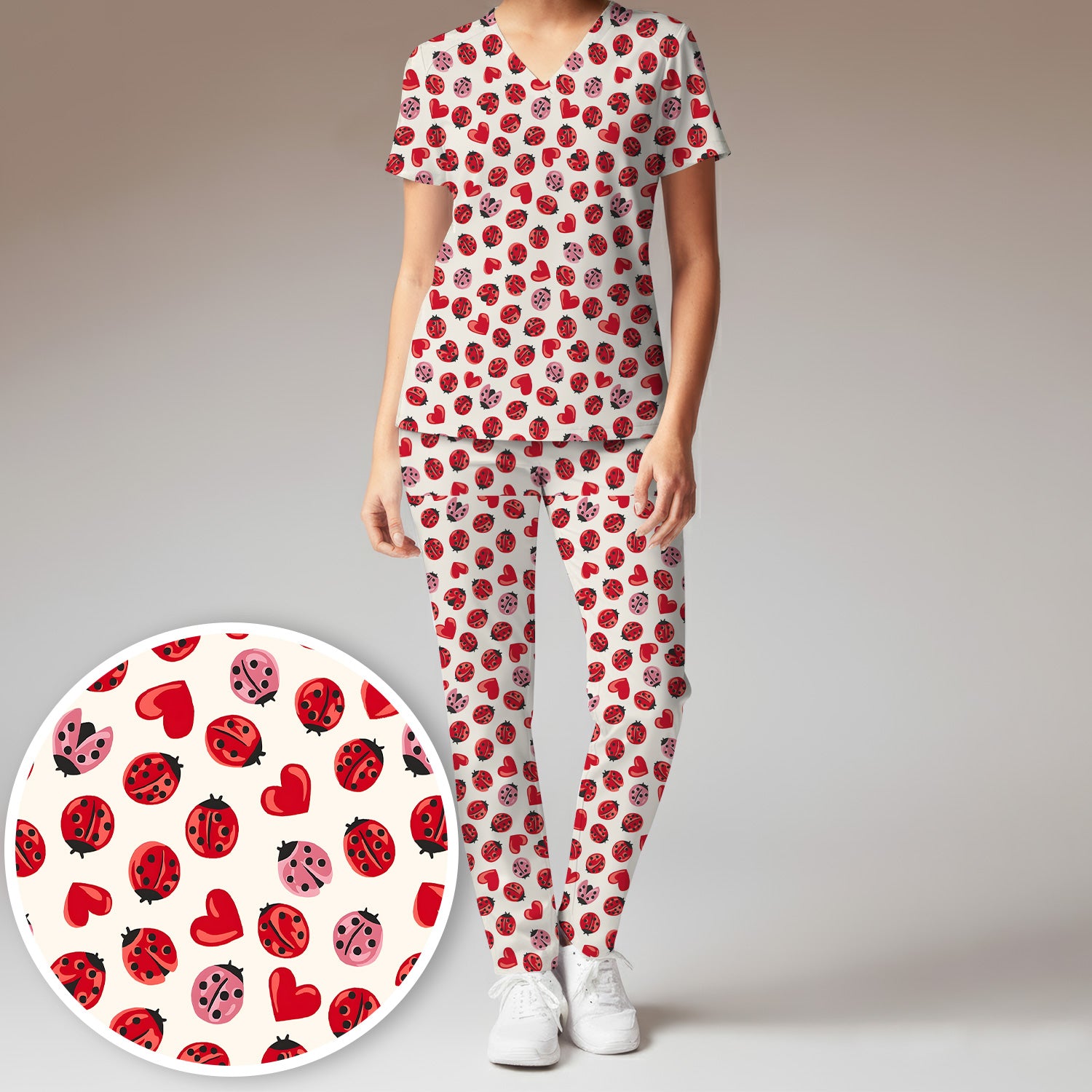 Cute Ladybug and Red Heart All Over Print Set, Women's Scrub Sets