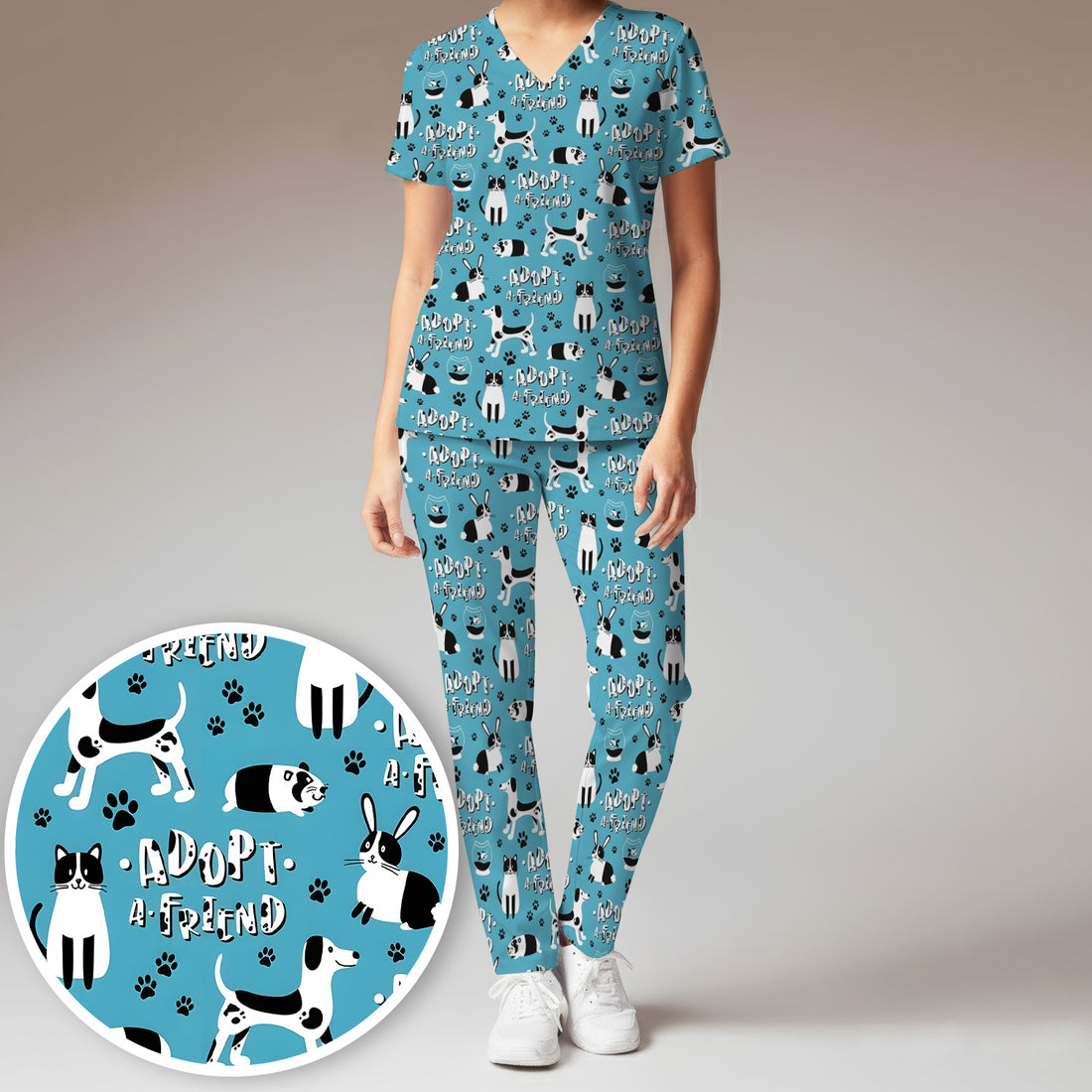 Cute Adopt A Friend Pet Pattern Scrub Set, Scrub Pants and V Neck Top