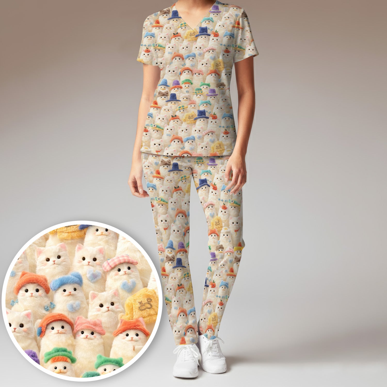 Adorable Cats Wearing Colorful Hats Pattern Scrubs Sets, Scrub Pants and V Neck Top